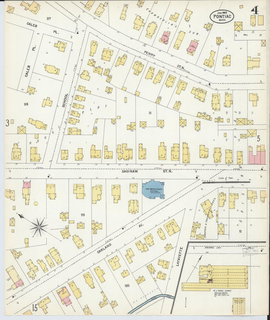 Sanborn Fire Insurance Map from Pontiac, Oakland County, Michigan (1903), Sheet #0004 - Historic Sanborn Fire Insurance Map Print, vintage old map wall art, antique decor, genealogy gift, Michigan Michigan map