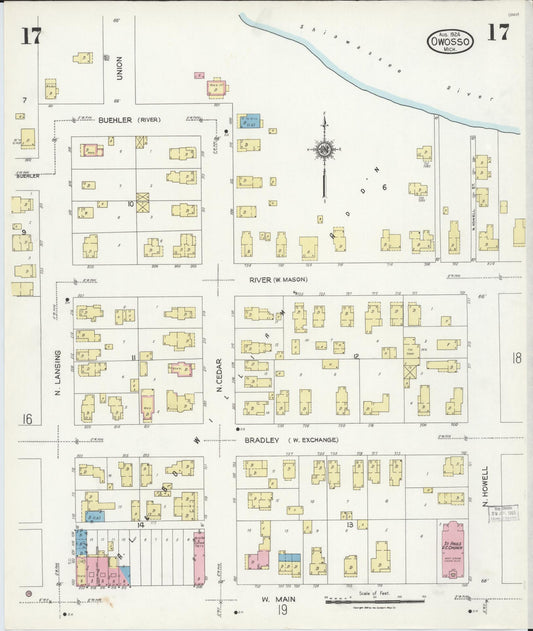 Sanborn Fire Insurance Map from Owosso, Shiawassee County, Michigan (1924), Sheet #0017 - Historic Sanborn Fire Insurance Map Print, vintage old map wall art, antique decor, genealogy gift, Michigan Michigan map