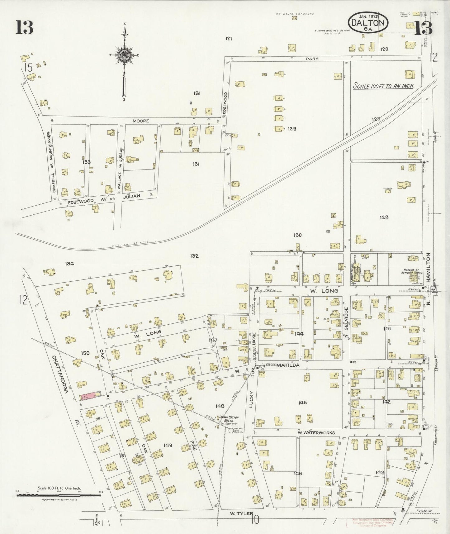 Sanborn Fire Insurance Map from Dalton, Whitfield County, Georgia (1925), Sheet #0013 - Historic Sanborn Fire Insurance Map Print, vintage old map wall art, antique decor, genealogy gift, Georgia Georgia map