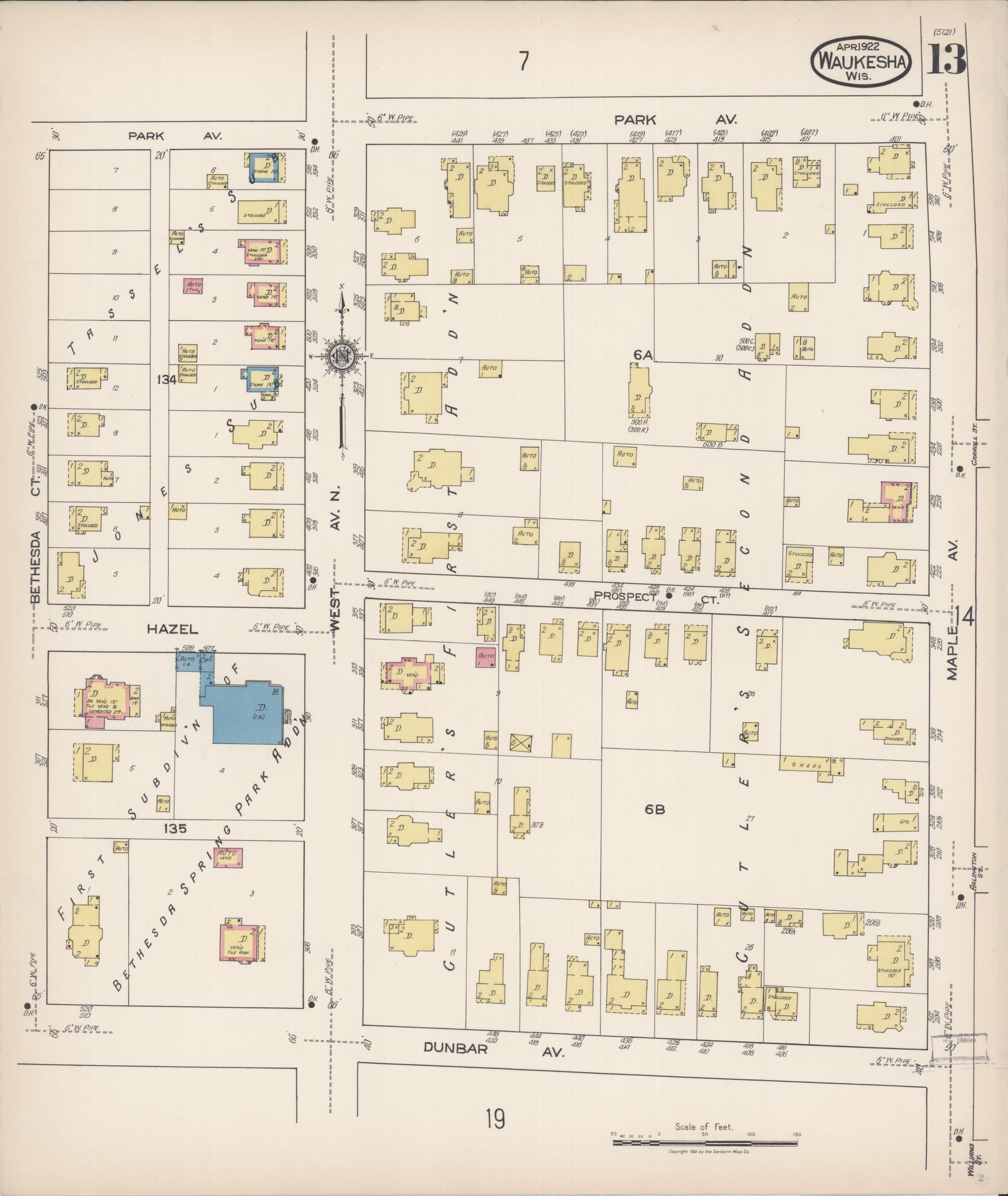 Sanborn Fire Insurance Map from Waukesha, Waukesha County, Wisconsin (1922), Sheet #0013 - Complete Map Set gallery image, historic Sanborn map, vintage wall art, Wisconsin Wisconsin