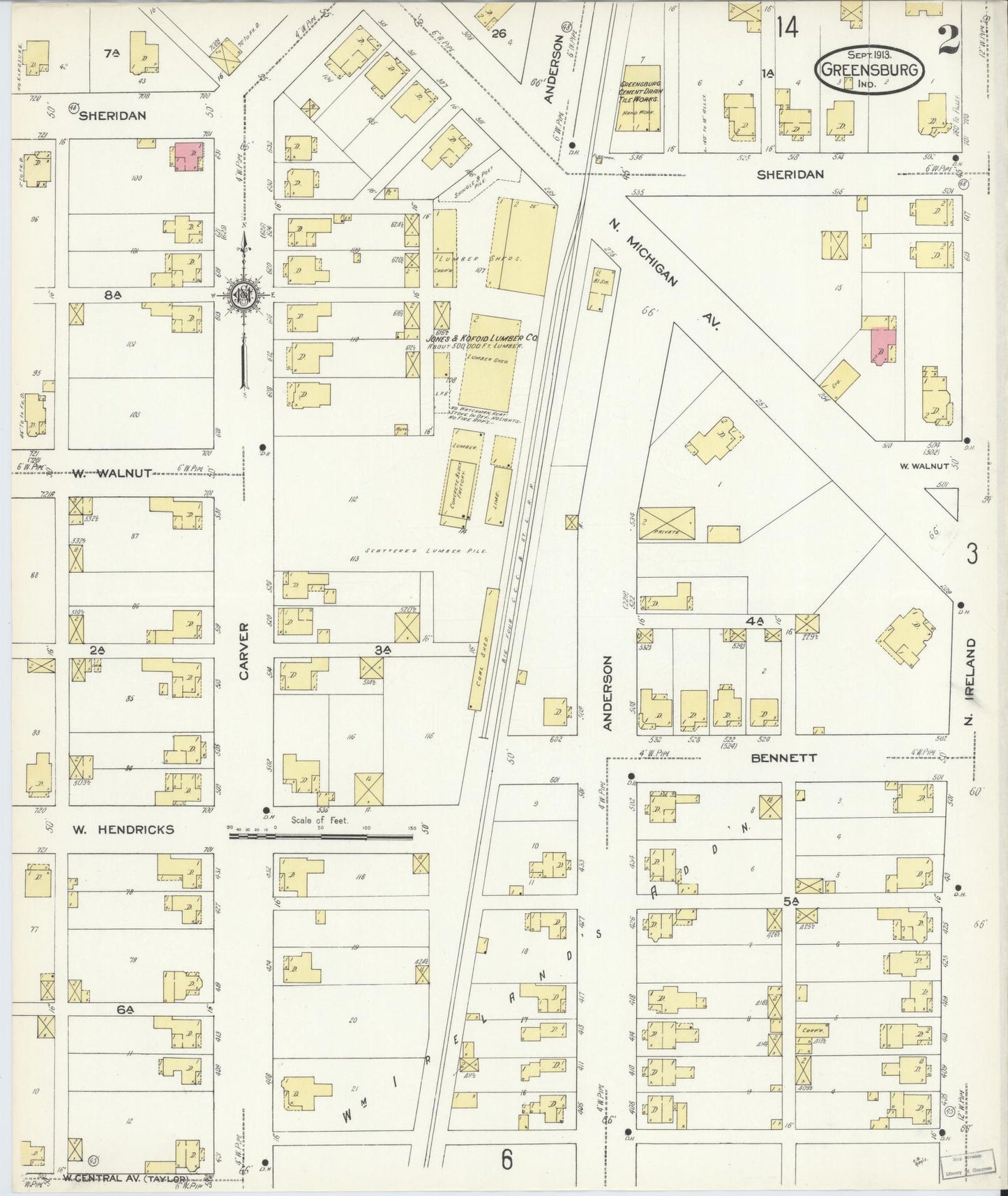 Sanborn Fire Insurance Map from Greensburg, Decatur County, Indiana (1913), Sheet #0002 - Complete Map Set gallery image, historic Sanborn map, vintage wall art, Indiana Indiana