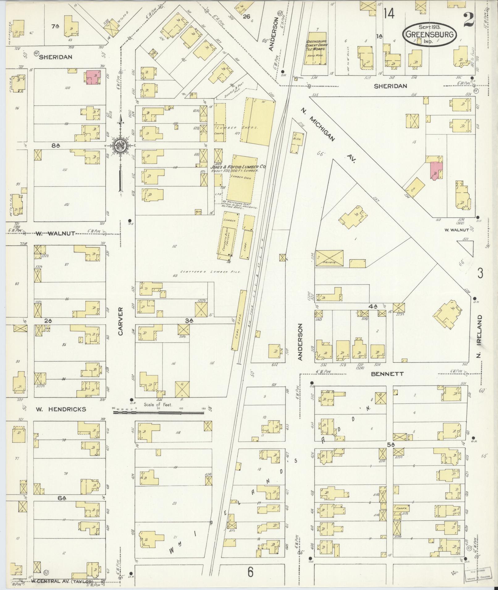 Sanborn Fire Insurance Map from Greensburg, Decatur County, Indiana (1913), Sheet #0002 - Complete Map Set gallery image, historic Sanborn map, vintage wall art, Indiana Indiana