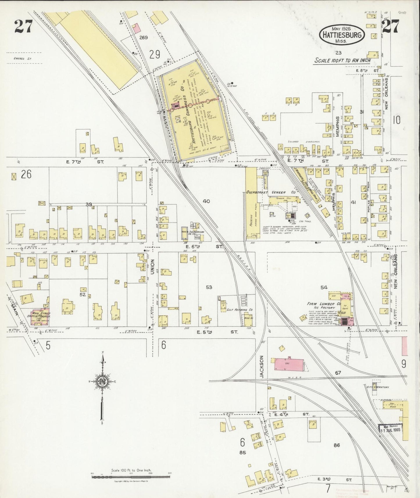 Sanborn Fire Insurance Map from Hattiesburg, Forrest County, Mississippi (1925), Sheet #0027 - Historic Sanborn Fire Insurance Map Print, vintage old map wall art, antique decor, genealogy gift, Mississippi Mississippi map