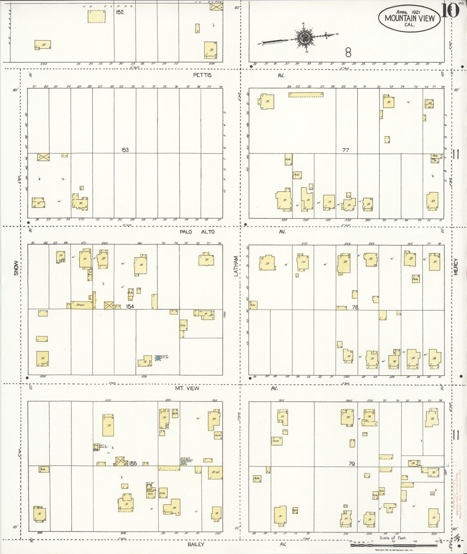 Sanborn Fire Insurance Map from Mountain View, Santa Clara County, California (1921), Sheet #0010 - Historic Sanborn Fire Insurance Map Print, vintage old map wall art, antique decor, genealogy gift, California California map