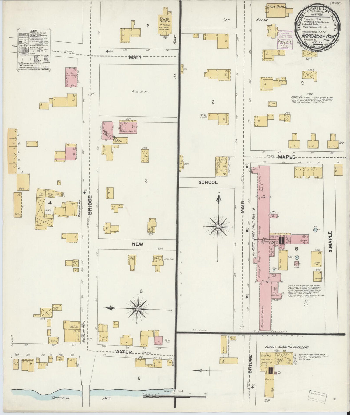 Sanborn Fire Insurance Map from Warehouse Point, Hartford County, Connecticut (1901), Sheet #0001 - Historic Sanborn Fire Insurance Map Print, vintage old map wall art, antique decor, genealogy gift, Connecticut Connecticut map