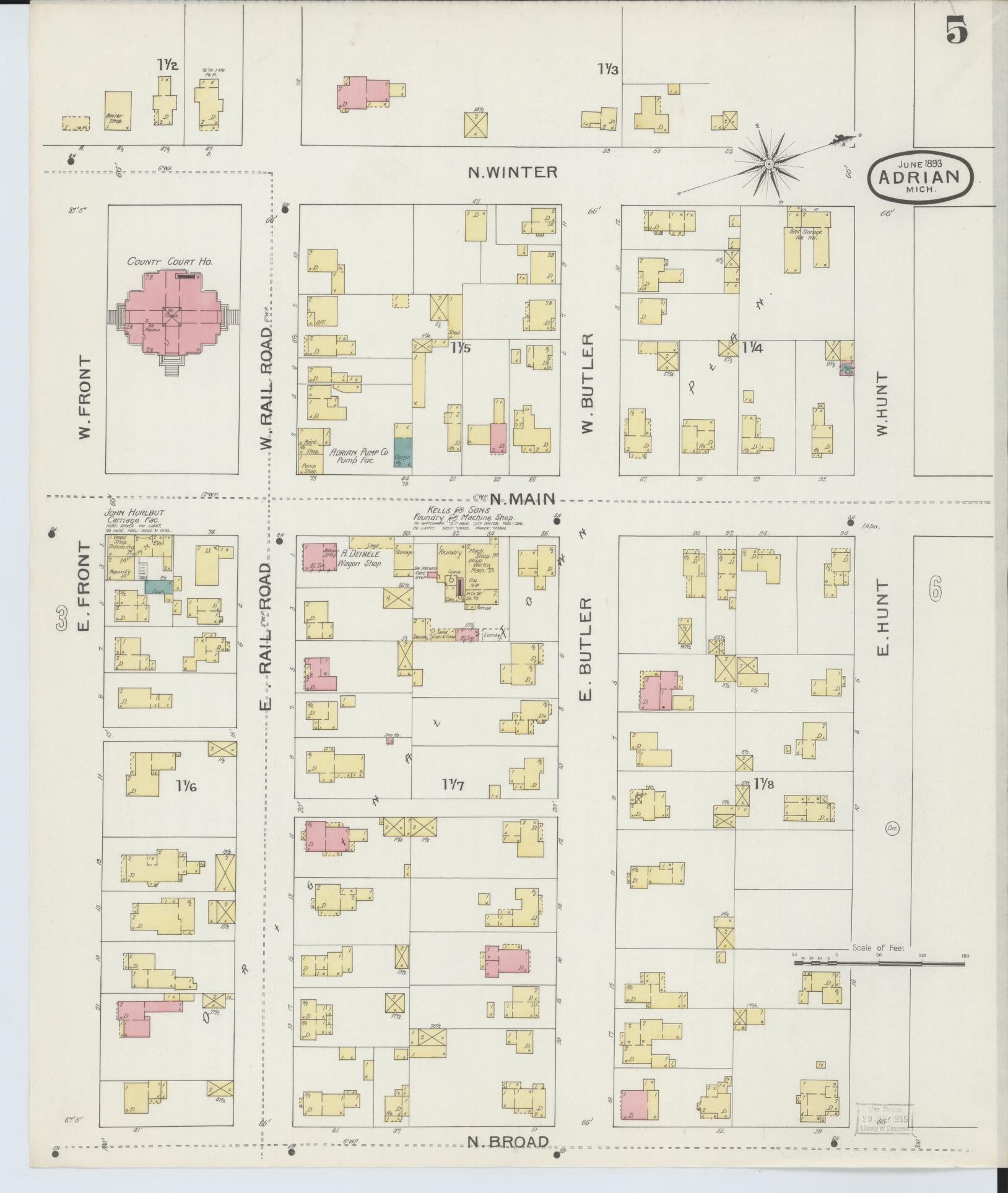 Sanborn Fire Insurance Map from Adrian, Lenawee County, Michigan (1893), Sheet #0005 - Complete Map Set gallery image, historic Sanborn map, vintage wall art, Michigan Michigan