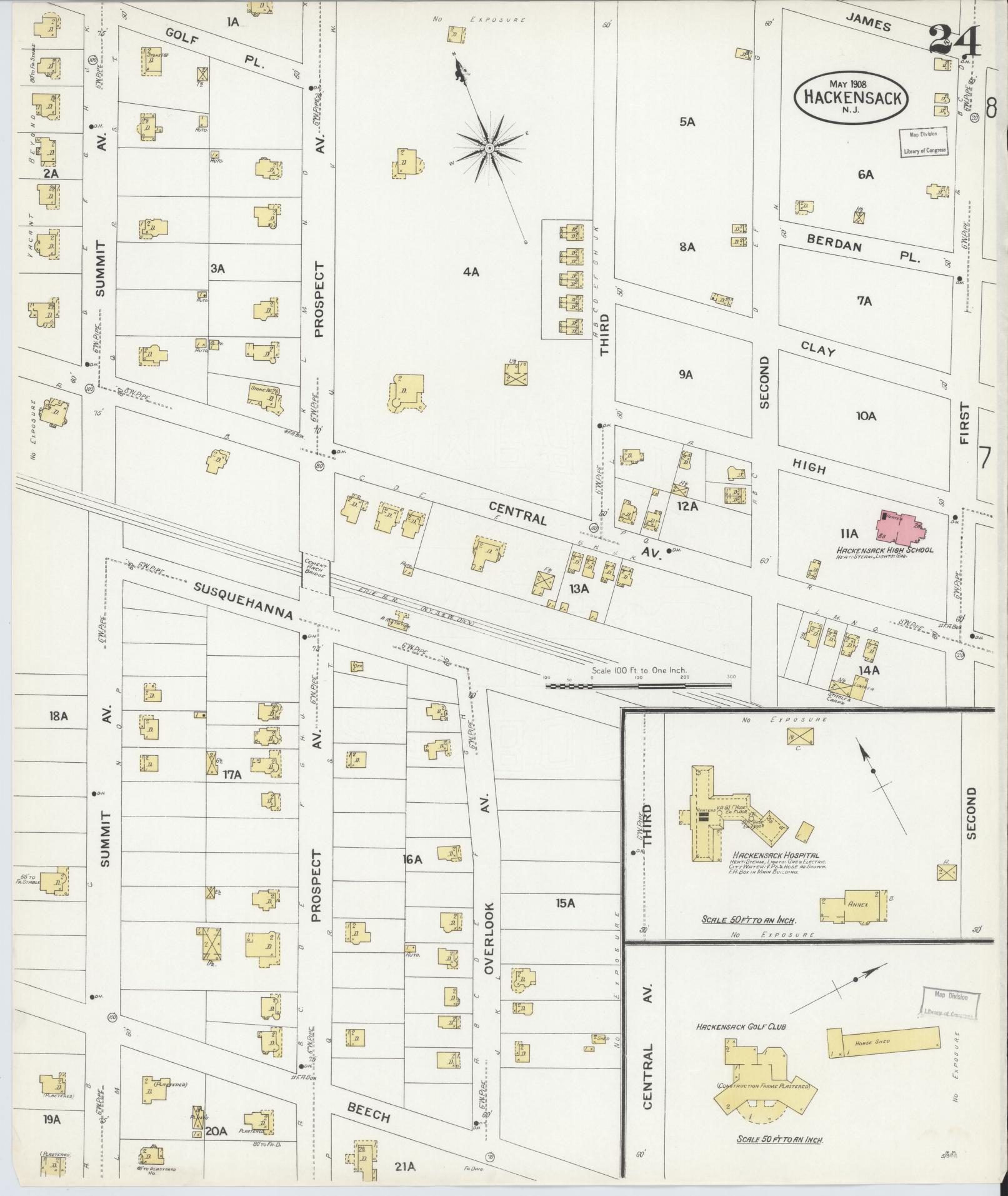 Sanborn Fire Insurance Map from Hackensack, Bergen County, New Jersey (1908), Sheet #0024 - Historic Sanborn Fire Insurance Map Print, vintage old map wall art, antique decor, genealogy gift, New Jersey New Jersey map