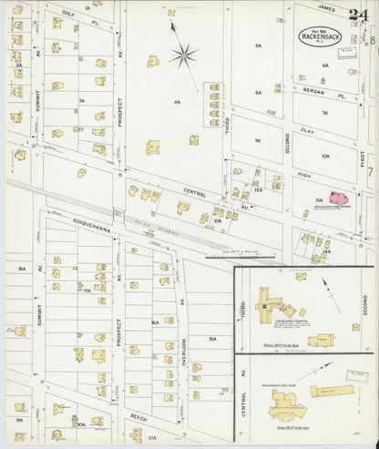 Sanborn Fire Insurance Map from Hackensack, Bergen County, New Jersey (1908), Sheet #0024 - Historic Sanborn Fire Insurance Map Print, vintage old map wall art, antique decor, genealogy gift, New Jersey New Jersey map