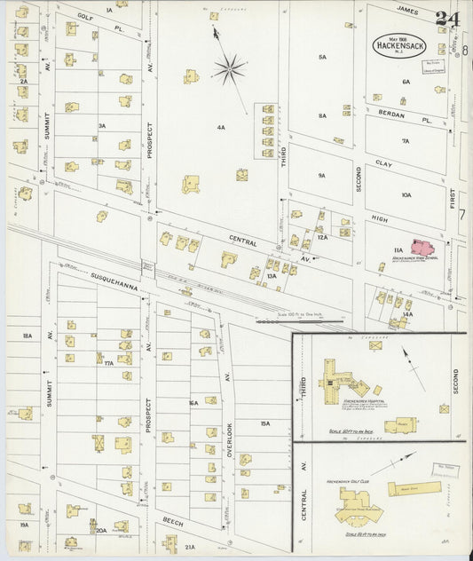 Sanborn Fire Insurance Map from Hackensack, Bergen County, New Jersey (1908), Sheet #0024 - Historic Sanborn Fire Insurance Map Print, vintage old map wall art, antique decor, genealogy gift, New Jersey New Jersey map