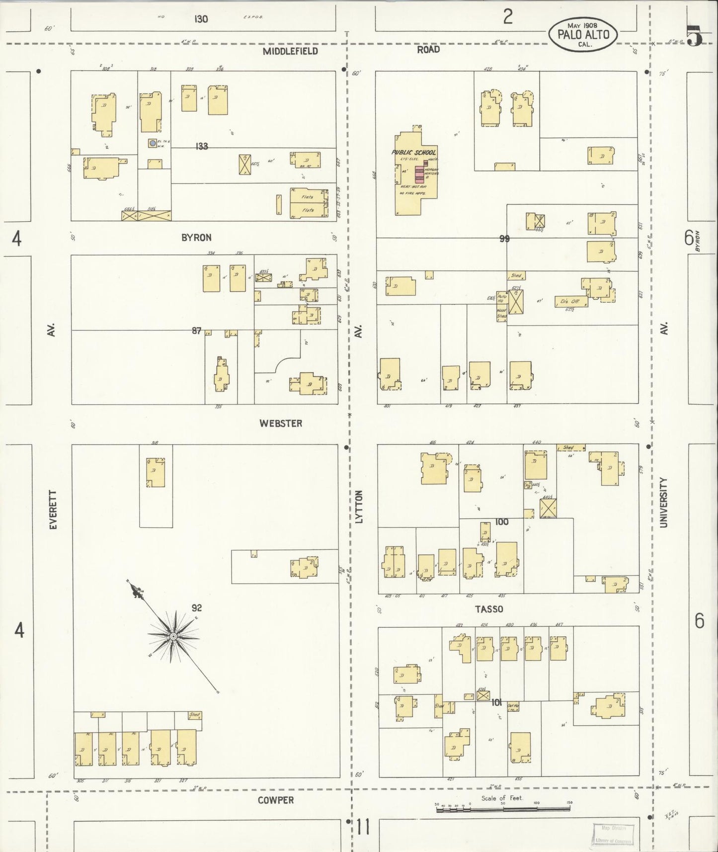 Sanborn Fire Insurance Map from Palo Alto, Santa Clara County, California (1908), Sheet #0005 - Complete Map Set gallery image, historic Sanborn map, vintage wall art, California California