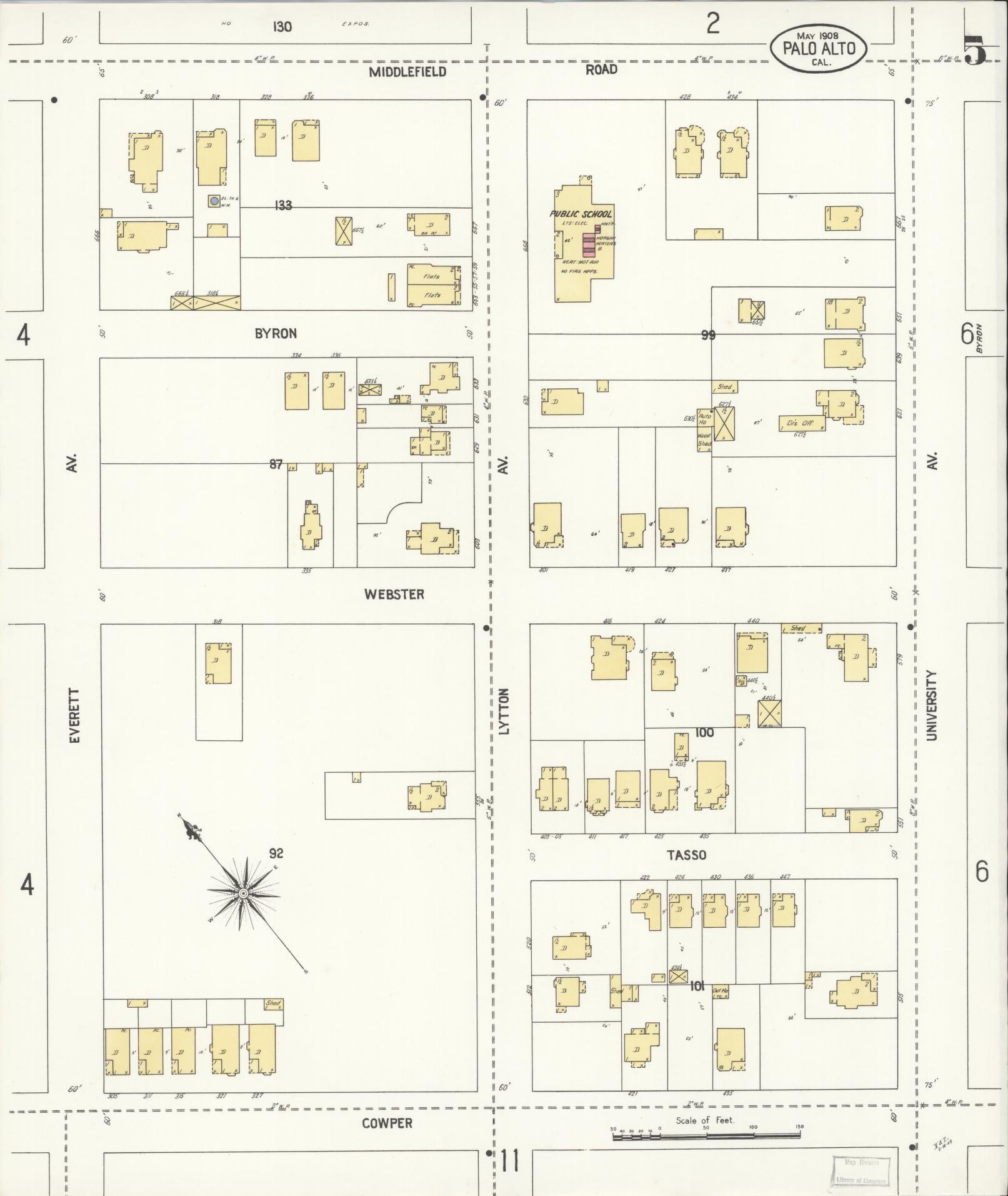 Sanborn Fire Insurance Map from Palo Alto, Santa Clara County, California (1908), Sheet #0005 - Complete Map Set gallery image, historic Sanborn map, vintage wall art, California California