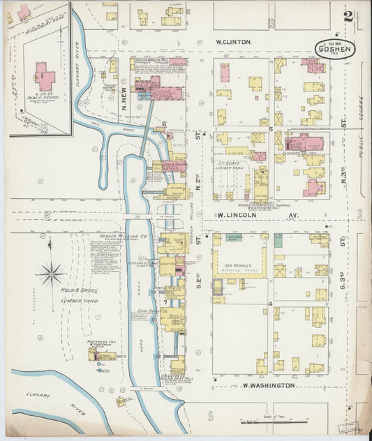 Sanborn Fire Insurance Map from Goshen, Elkhart County, Indiana (1892), Sheet #0002 - Historic Sanborn Fire Insurance Map Print, vintage old map wall art, antique decor, genealogy gift, Indiana Indiana map