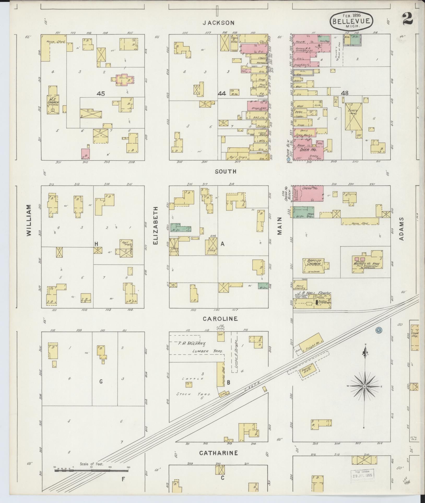 Sanborn Fire Insurance Map from Bellevue, Eaton County, Michigan (1895), Sheet #0002 - Historic Sanborn Fire Insurance Map Print, vintage old map wall art, antique decor, genealogy gift, Michigan Michigan map