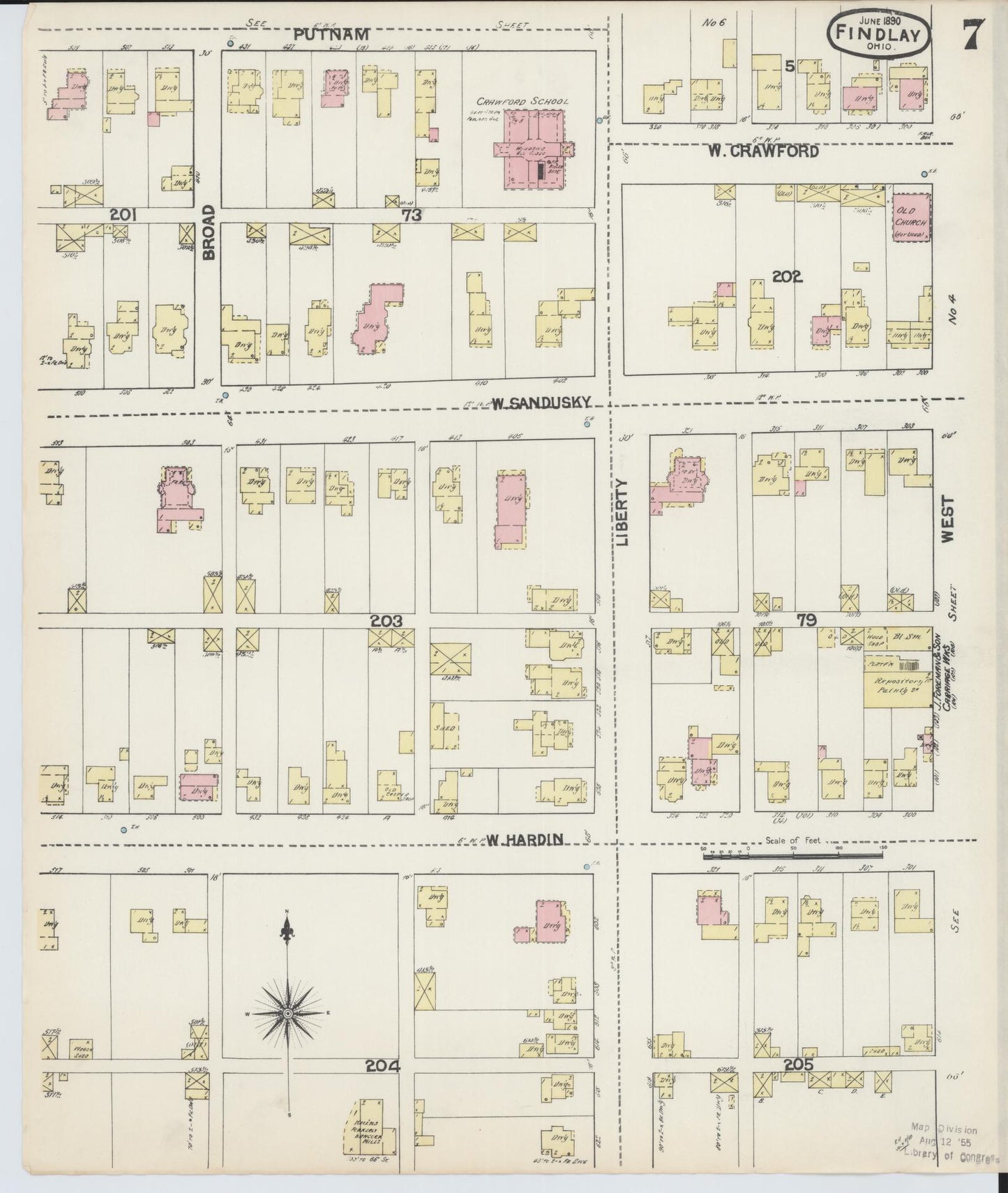 Sanborn Fire Insurance Map from Findlay, Hancock County, Ohio (1890), Sheet #0007 - Historic Sanborn Fire Insurance Map Print, vintage old map wall art, antique decor, genealogy gift, Ohio Ohio map