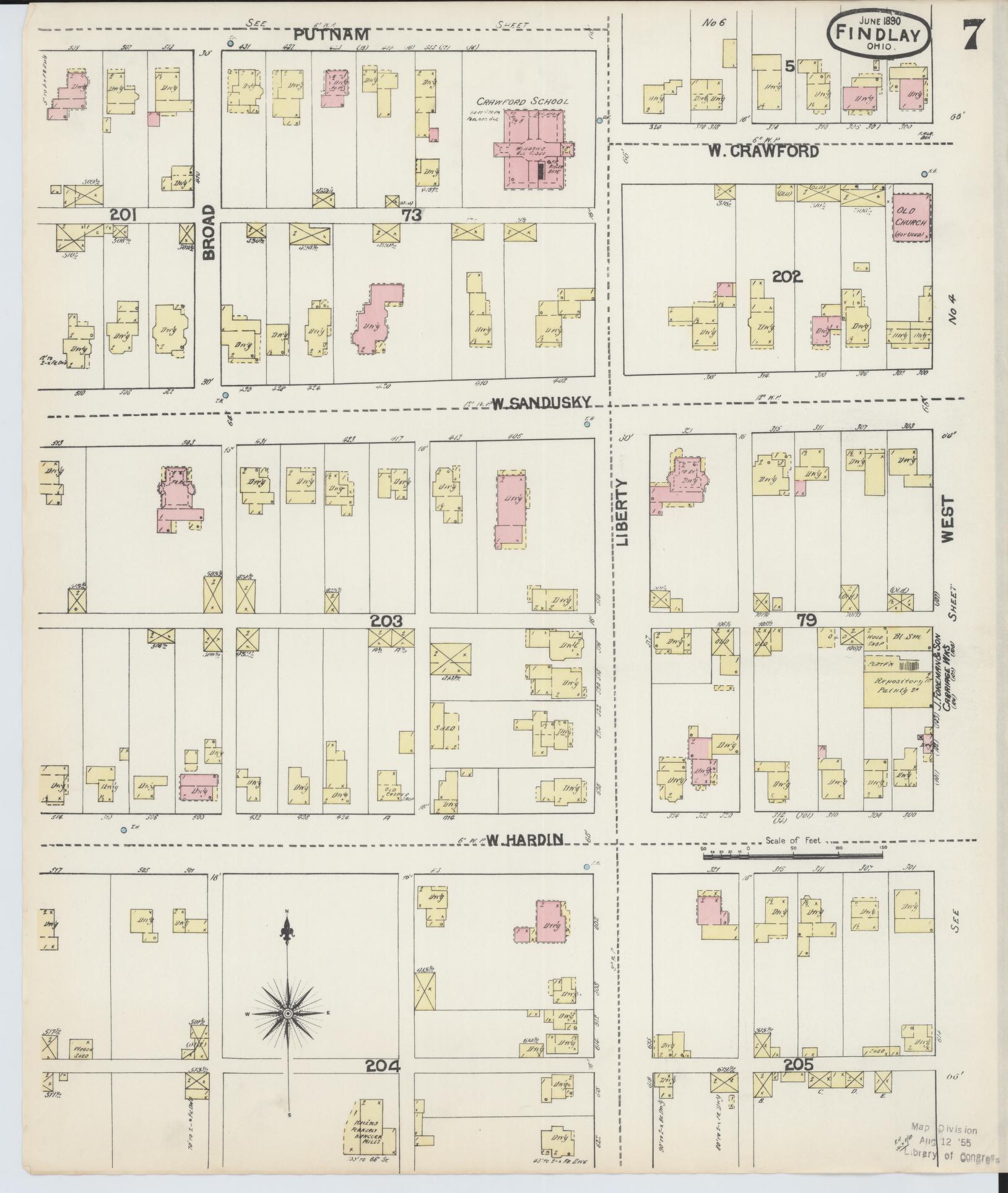 Sanborn Fire Insurance Map from Findlay, Hancock County, Ohio (1890), Sheet #0007 - Historic Sanborn Fire Insurance Map Print, vintage old map wall art, antique decor, genealogy gift, Ohio Ohio map