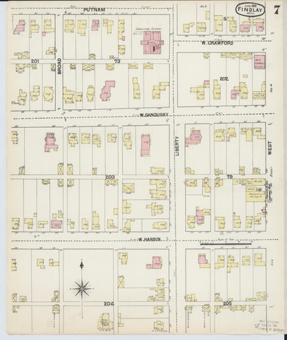 Sanborn Fire Insurance Map from Findlay, Hancock County, Ohio (1890), Sheet #0007 - Historic Sanborn Fire Insurance Map Print, vintage old map wall art, antique decor, genealogy gift, Ohio Ohio map
