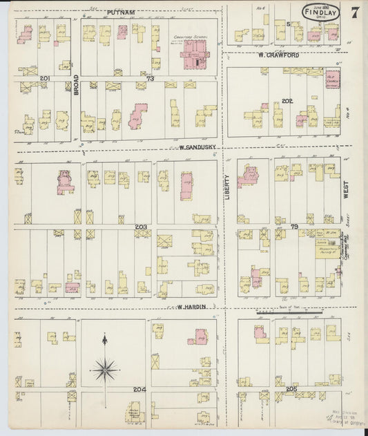 Sanborn Fire Insurance Map from Findlay, Hancock County, Ohio (1890), Sheet #0007 - Historic Sanborn Fire Insurance Map Print, vintage old map wall art, antique decor, genealogy gift, Ohio Ohio map
