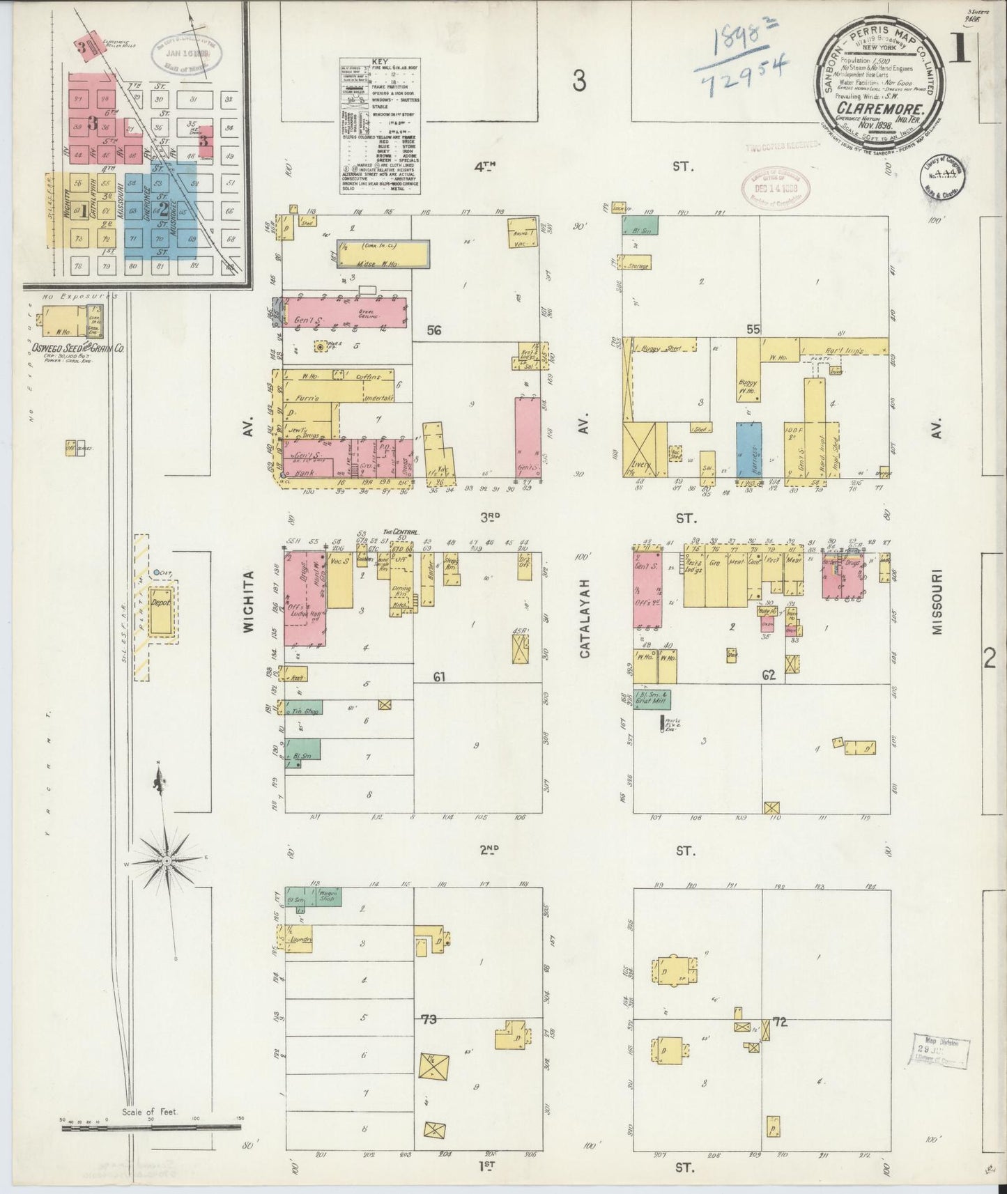 Sanborn Fire Insurance Map from Claremore, Rogers County, Oklahoma (1898), Sheet #0001 - Complete Map Set gallery image, historic Sanborn map, vintage wall art, Oklahoma Oklahoma