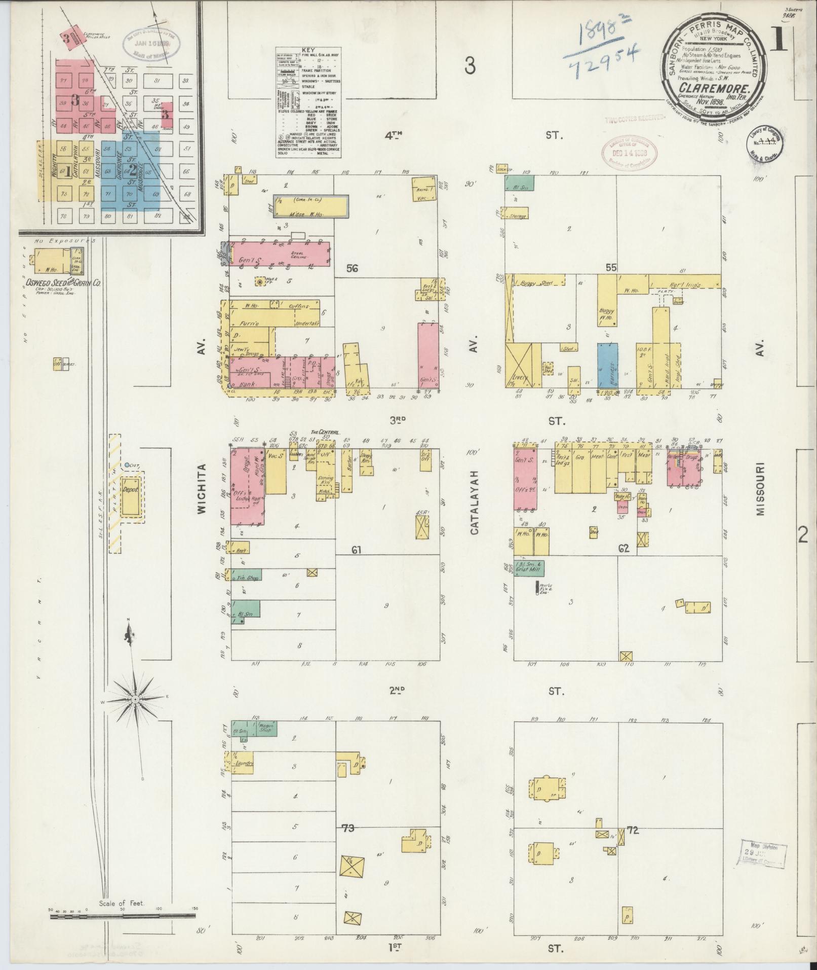 Sanborn Fire Insurance Map from Claremore, Rogers County, Oklahoma (1898), Sheet #0001 - Complete Map Set gallery image, historic Sanborn map, vintage wall art, Oklahoma Oklahoma