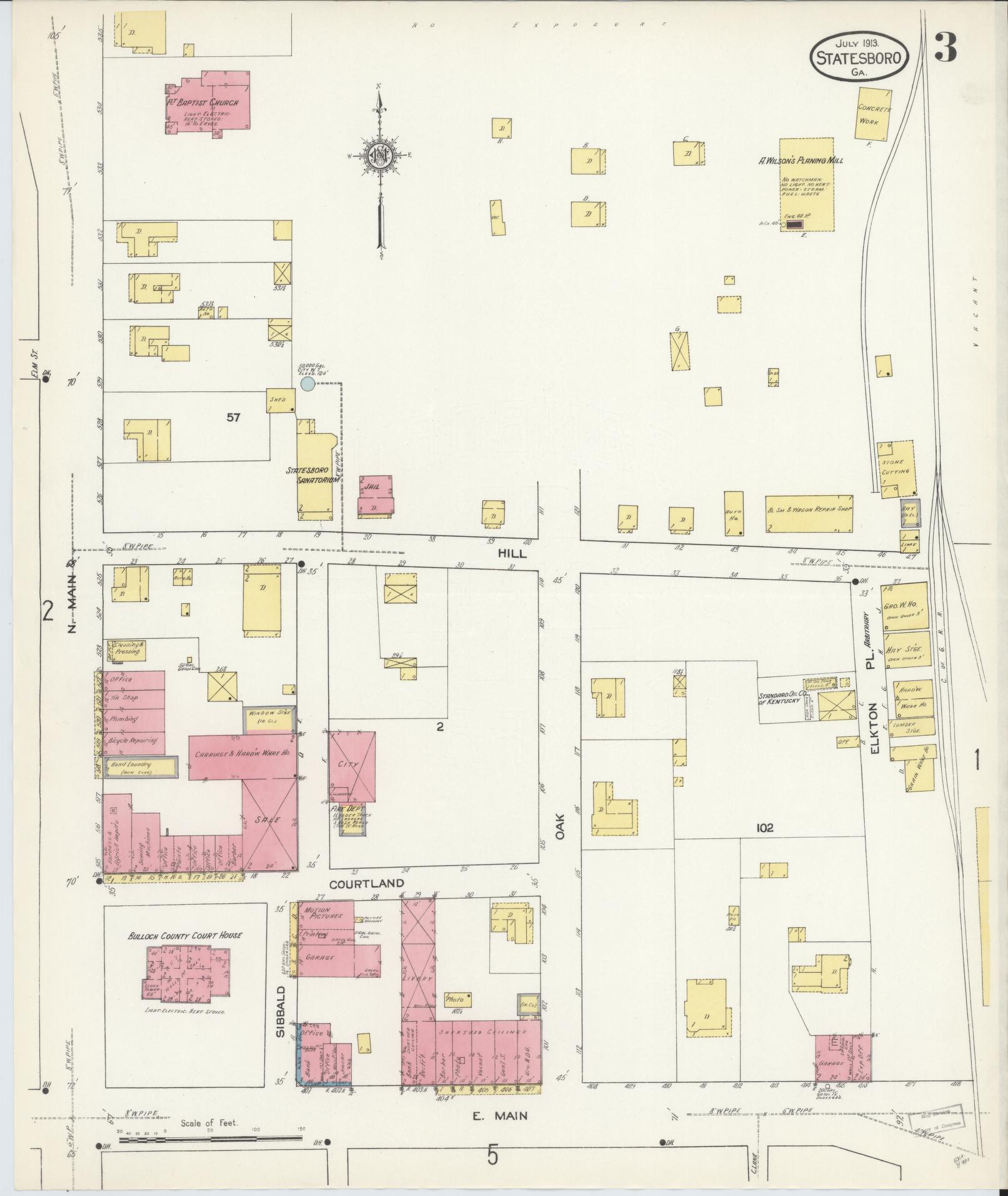 Sanborn Fire Insurance Map from Statesboro, Bulloch County, Georgia (1913), Sheet #0003 - Historic Sanborn Fire Insurance Map Print, vintage old map wall art, antique decor, genealogy gift, Georgia Georgia map