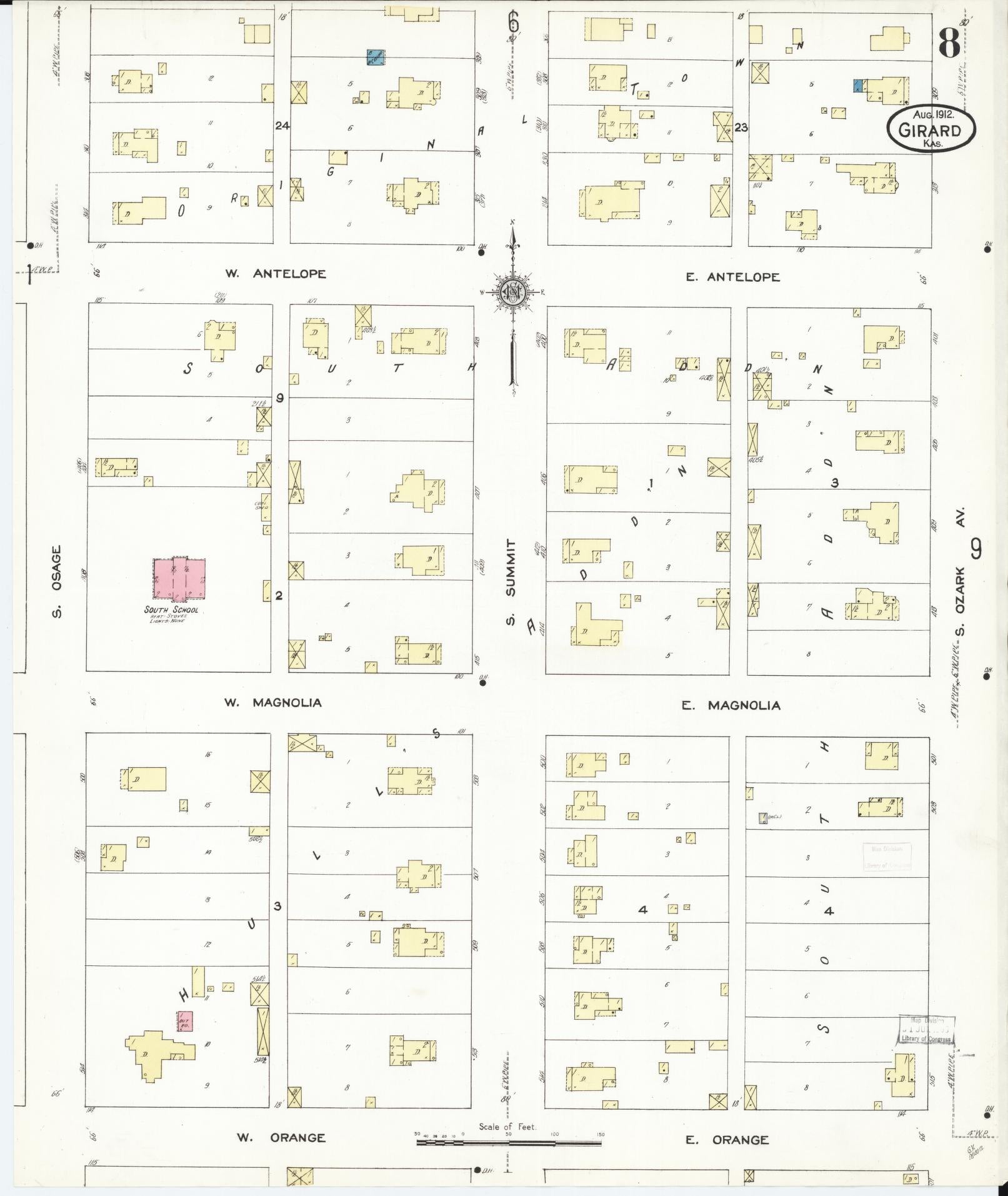 Sanborn Fire Insurance Map from Girard, Crawford County, Kansas (1912), Sheet #0008 - Complete Map Set gallery image, historic Sanborn map, vintage wall art, Kansas Kansas