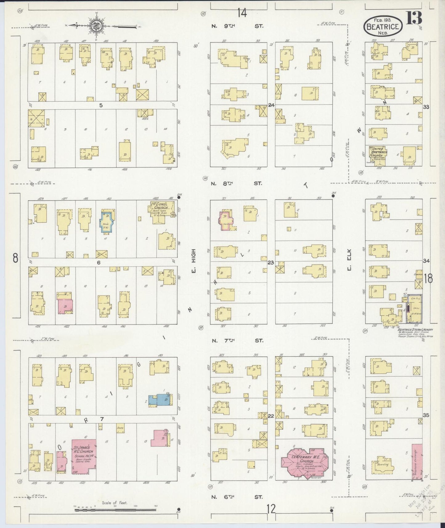 Sanborn Fire Insurance Map from Beatrice, Gage County, Nebraska (1913), Sheet #0013 - Historic Sanborn Fire Insurance Map Print, vintage old map wall art, antique decor, genealogy gift, Nebraska Nebraska map