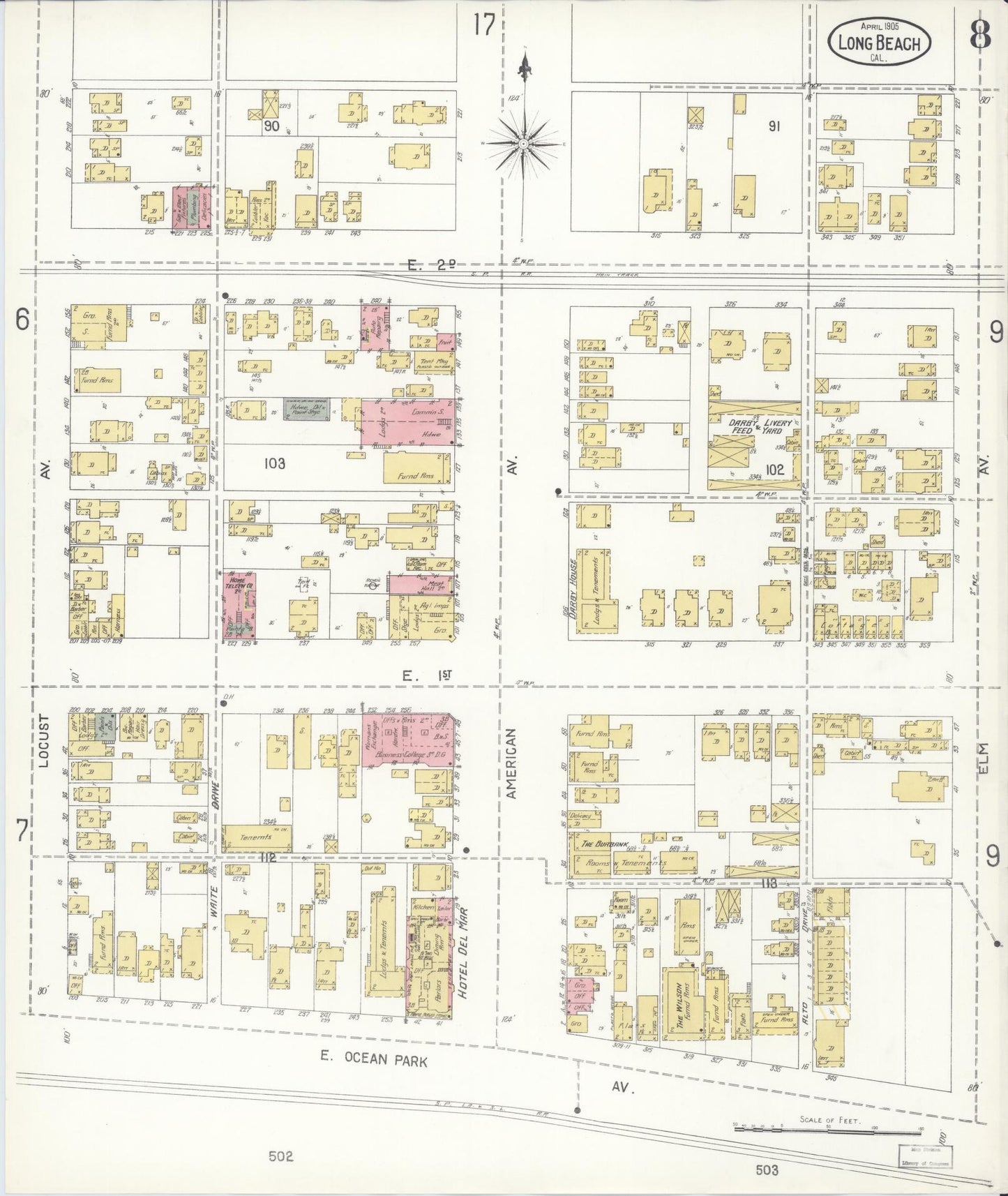 Sanborn Fire Insurance Map from Long Beach, Los Angeles County, California (1905), Sheet #0008 - Historic Sanborn Fire Insurance Map Print, vintage old map wall art, antique decor, genealogy gift, California California map