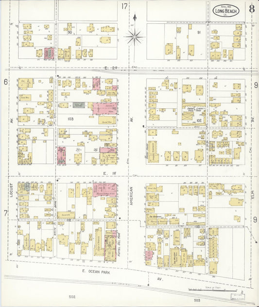 Sanborn Fire Insurance Map from Long Beach, Los Angeles County, California (1905), Sheet #0008 - Historic Sanborn Fire Insurance Map Print, vintage old map wall art, antique decor, genealogy gift, California California map