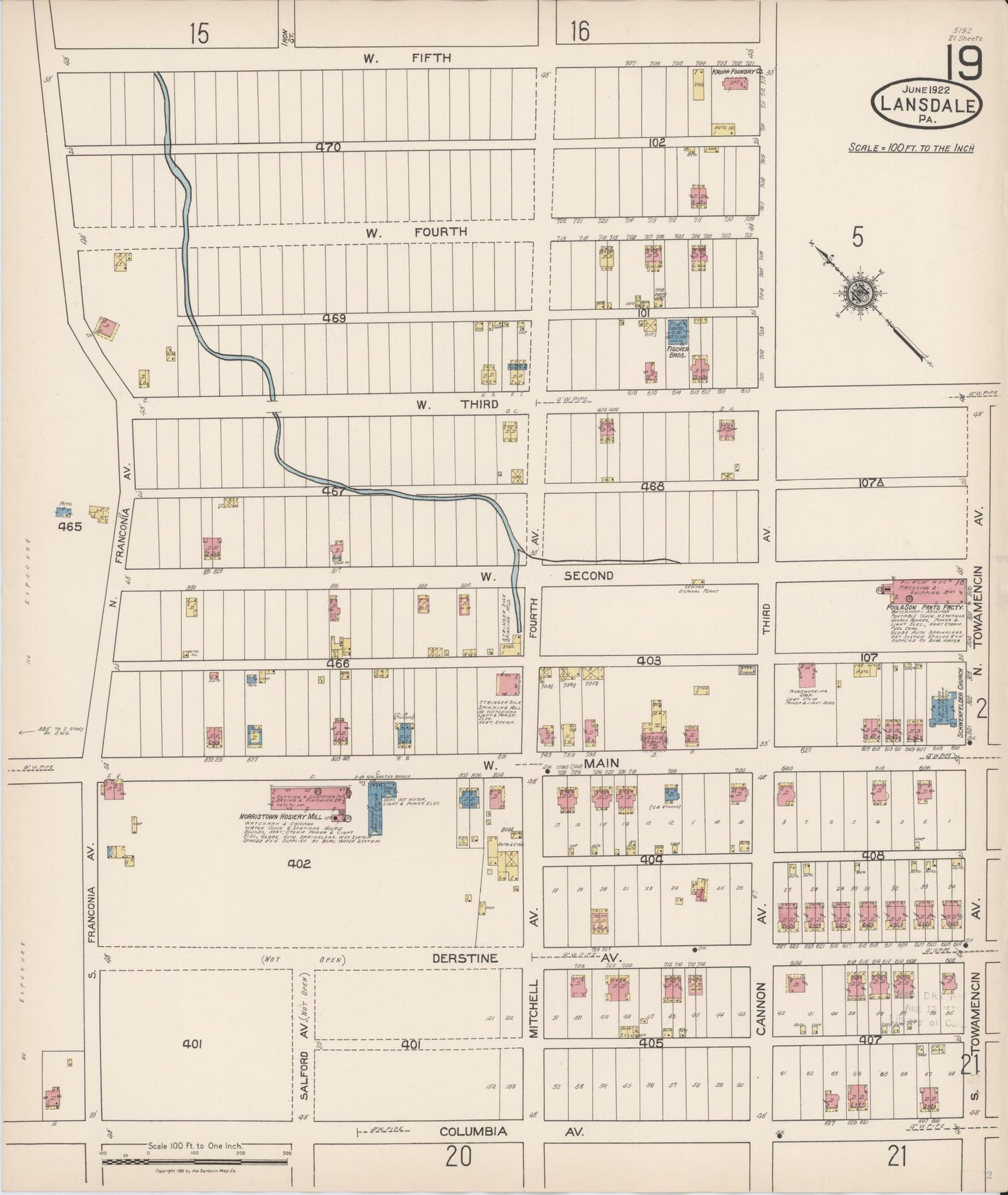 Sanborn Fire Insurance Map from Lansdale, Montgomery County, Pennsylvania (1922), Sheet #0019 - Historic Sanborn Fire Insurance Map Print, vintage old map wall art, antique decor, genealogy gift, Pennsylvania Pennsylvania map