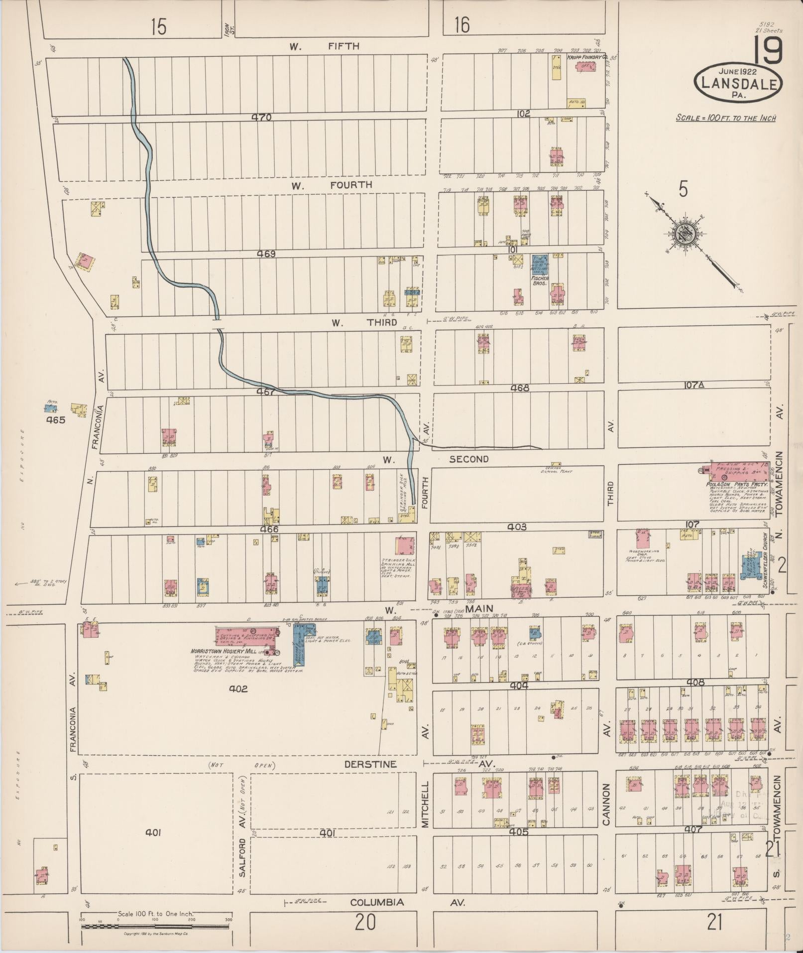 Sanborn Fire Insurance Map from Lansdale, Montgomery County, Pennsylvania (1922), Sheet #0019 - Historic Sanborn Fire Insurance Map Print, vintage old map wall art, antique decor, genealogy gift, Pennsylvania Pennsylvania map
