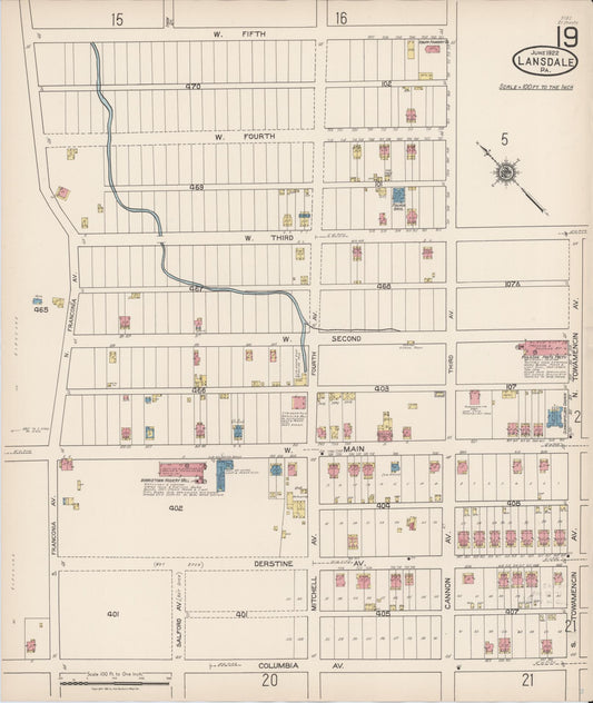 Sanborn Fire Insurance Map from Lansdale, Montgomery County, Pennsylvania (1922), Sheet #0019 - Historic Sanborn Fire Insurance Map Print, vintage old map wall art, antique decor, genealogy gift, Pennsylvania Pennsylvania map