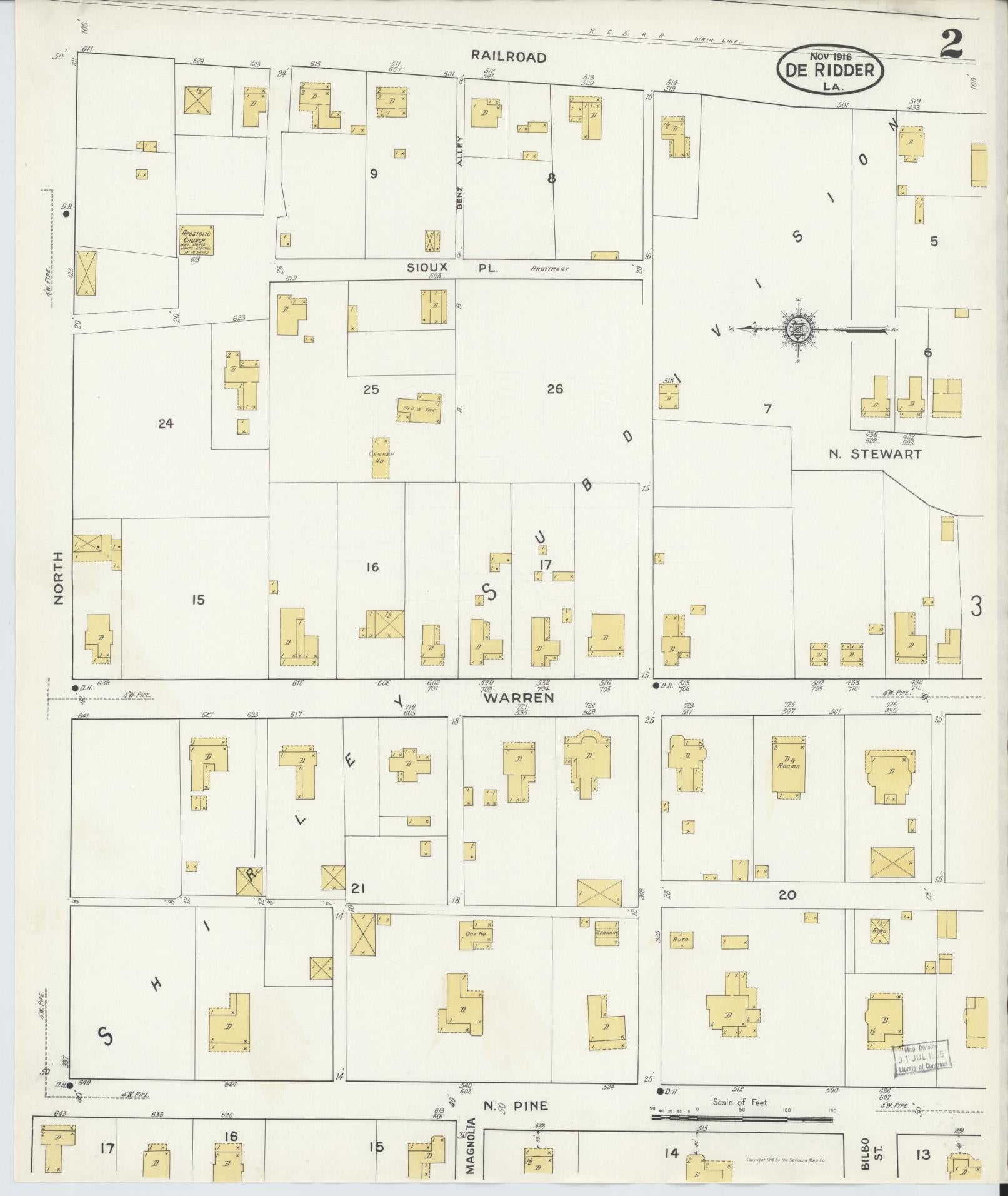 Sanborn Fire Insurance Map from De Ridder, Beauregard Parish, Louisiana (1916), Sheet #0002 - Complete Map Set gallery image, historic Sanborn map, vintage wall art, Louisiana Louisiana