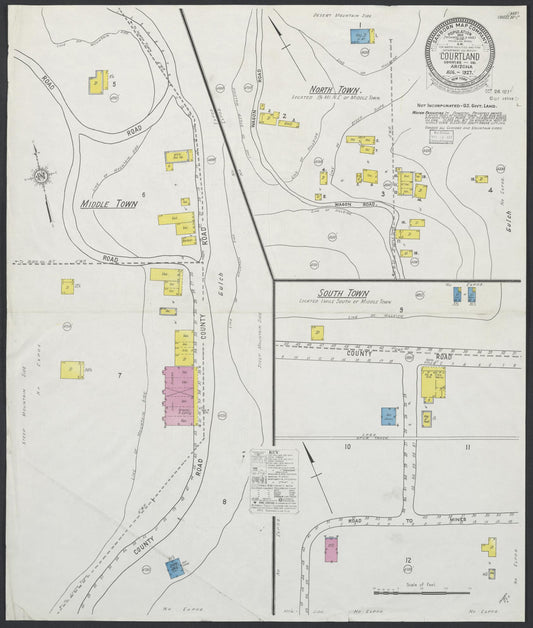 Sanborn Fire Insurance Map from Courtland, Cochise County, Arizona (1927), Sheet #0001 - Complete Map Set gallery image, historic Sanborn map, vintage wall art, Arizona Arizona