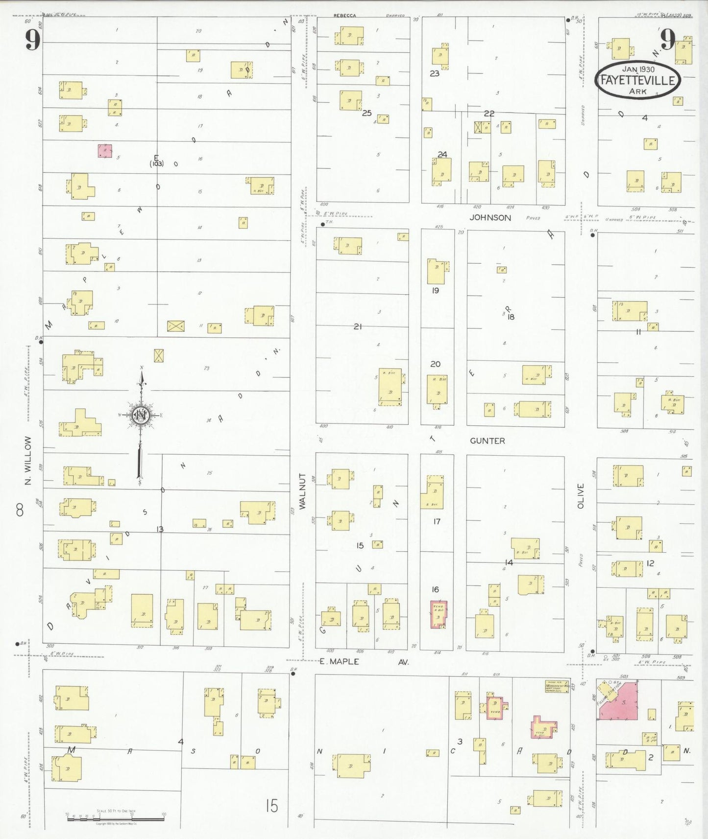 Sanborn Fire Insurance Map from Fayetteville, Washington County, Arkansas (1930), Sheet #0009 - Complete Map Set gallery image, historic Sanborn map, vintage wall art, Arkansas Arkansas