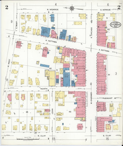 Sanborn Fire Insurance Map from Sturgis, Saint Joseph County, Michigan (1923), Sheet #0002 - Historic Sanborn Fire Insurance Map Print, vintage old map wall art, antique decor, genealogy gift, Michigan Michigan map