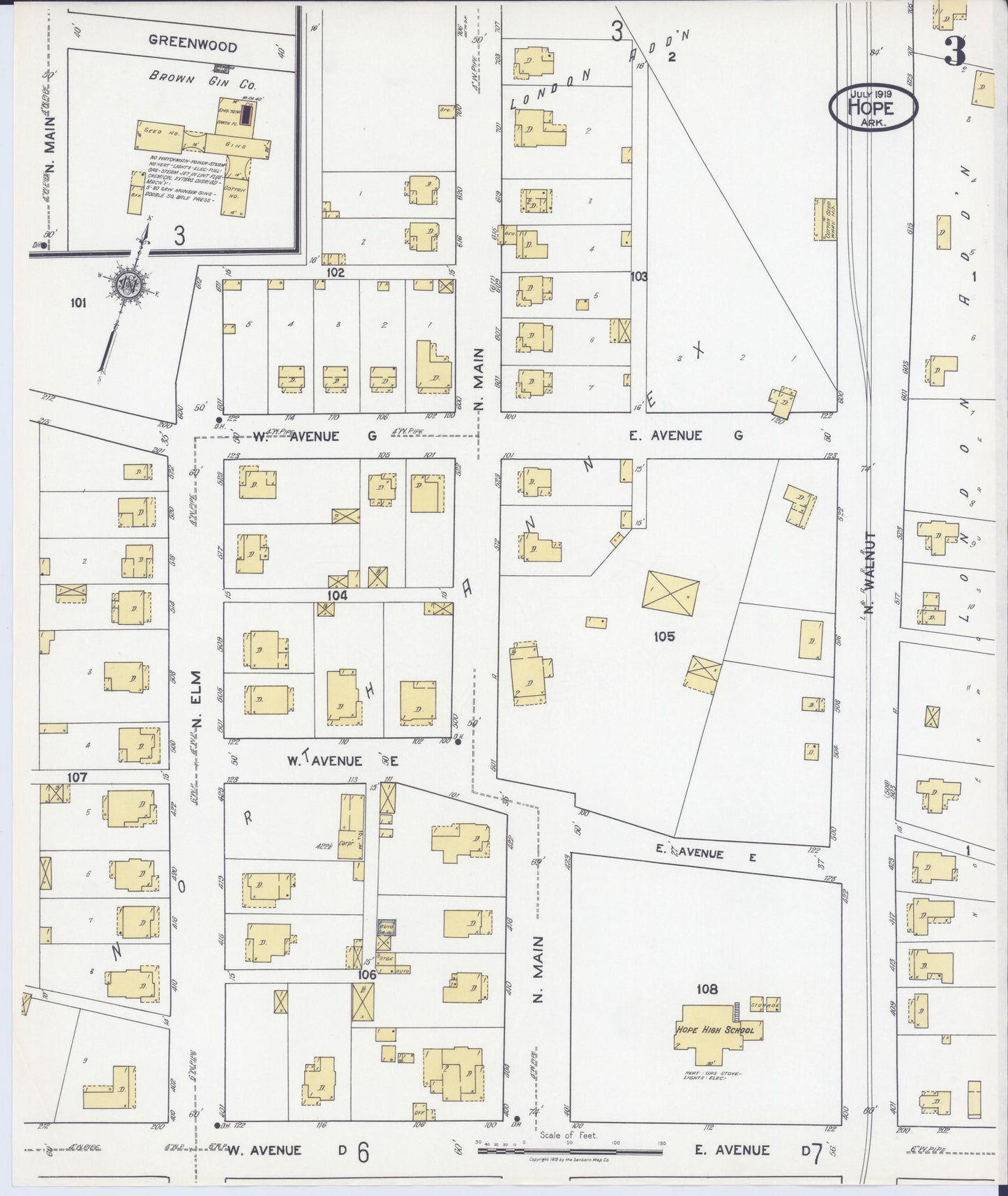 Sanborn Fire Insurance Map from Hope, Hempstead County, Arkansas (1919), Sheet #0003 - Historic Sanborn Fire Insurance Map Print, vintage old map wall art, antique decor, genealogy gift, Arkansas Arkansas map
