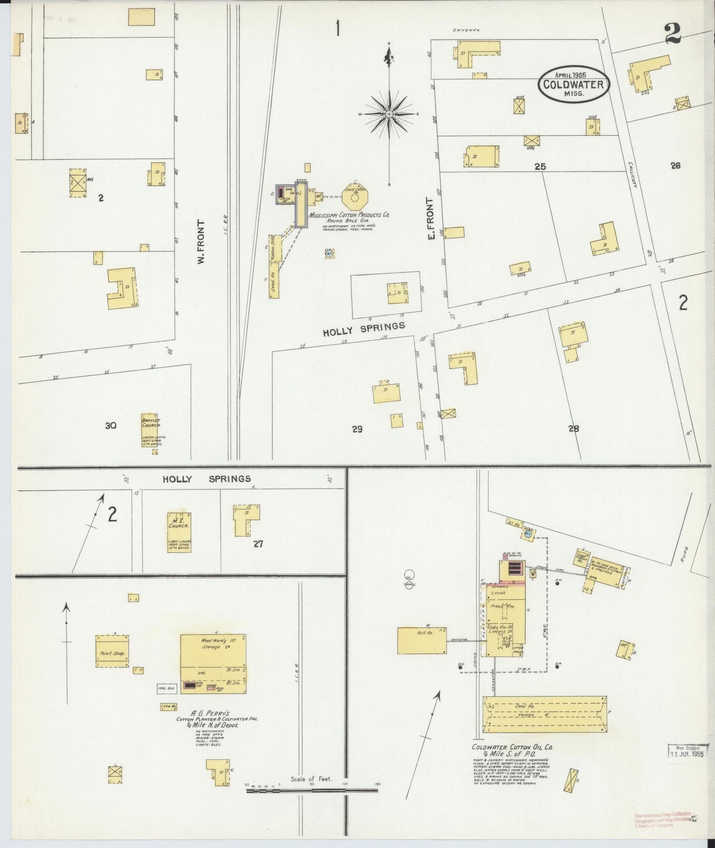 Sanborn Fire Insurance Map from Coldwater, Tate County, Mississippi (1905), Sheet #0002 - Complete Map Set gallery image, historic Sanborn map, vintage wall art, Mississippi Mississippi