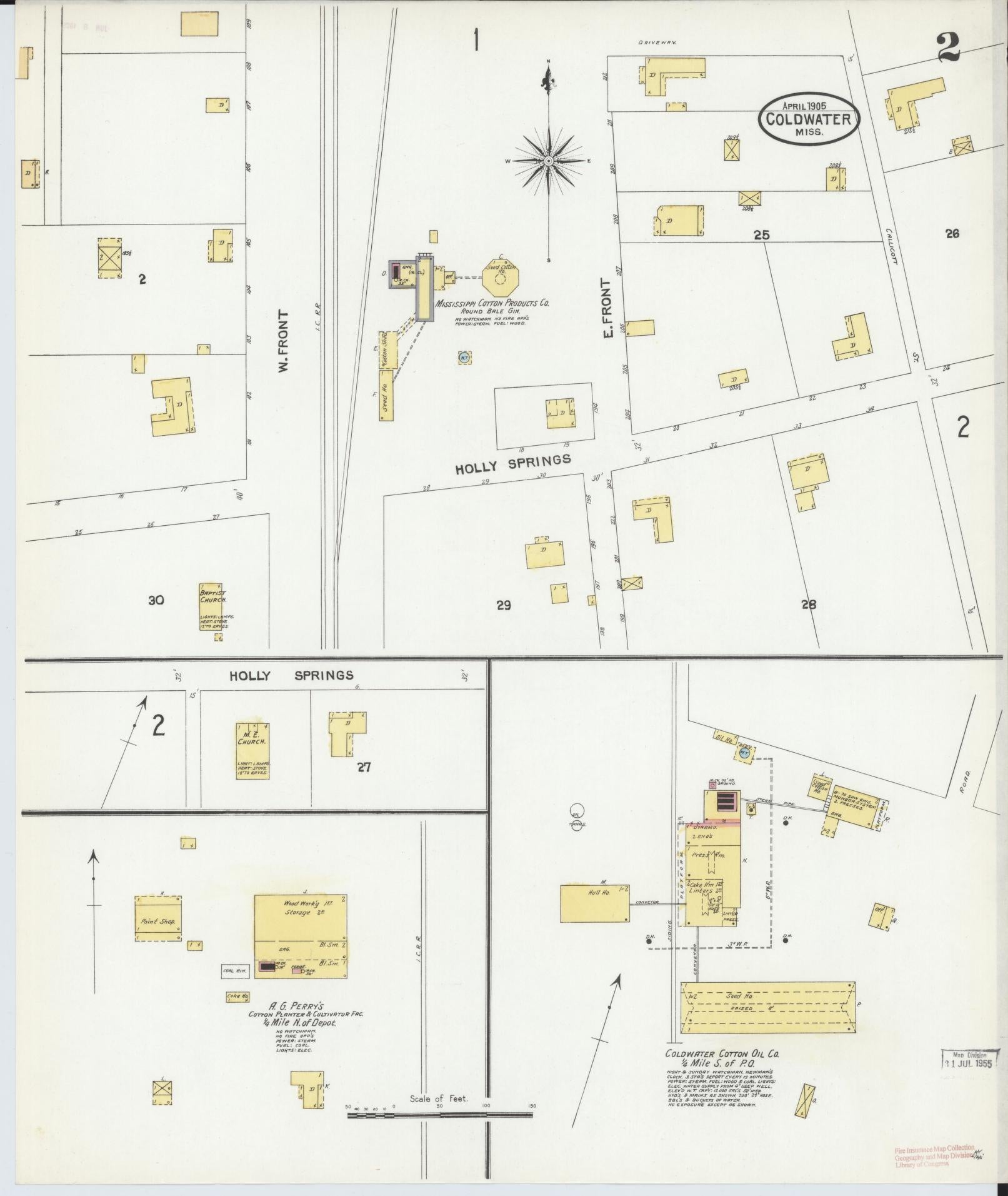 Sanborn Fire Insurance Map from Coldwater, Tate County, Mississippi (1905), Sheet #0002 - Complete Map Set gallery image, historic Sanborn map, vintage wall art, Mississippi Mississippi