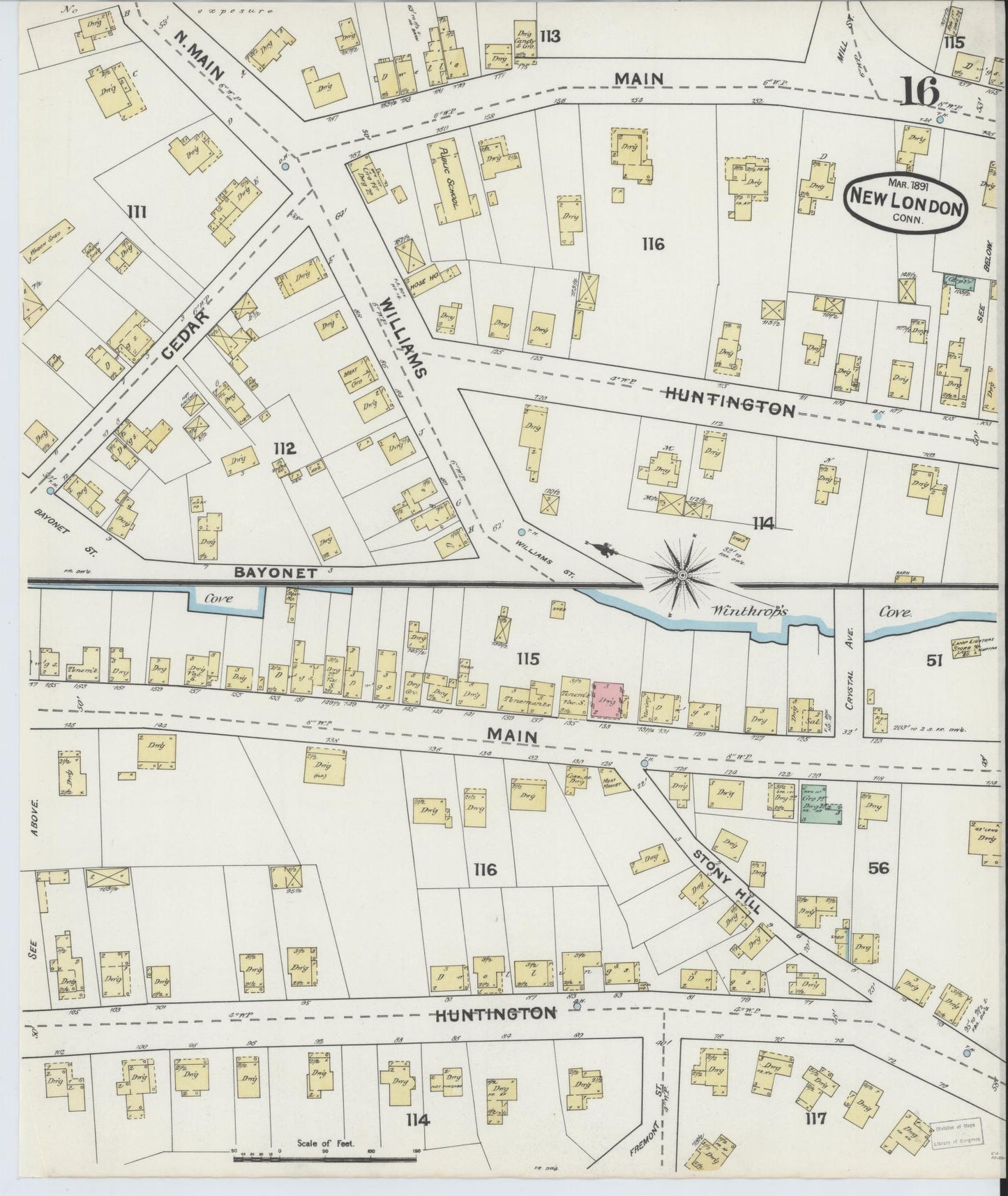 Sanborn Fire Insurance Map from New London, New London County, Connecticut (1891), Sheet #0016 - Complete Map Set gallery image, historic Sanborn map, vintage wall art, Connecticut Connecticut