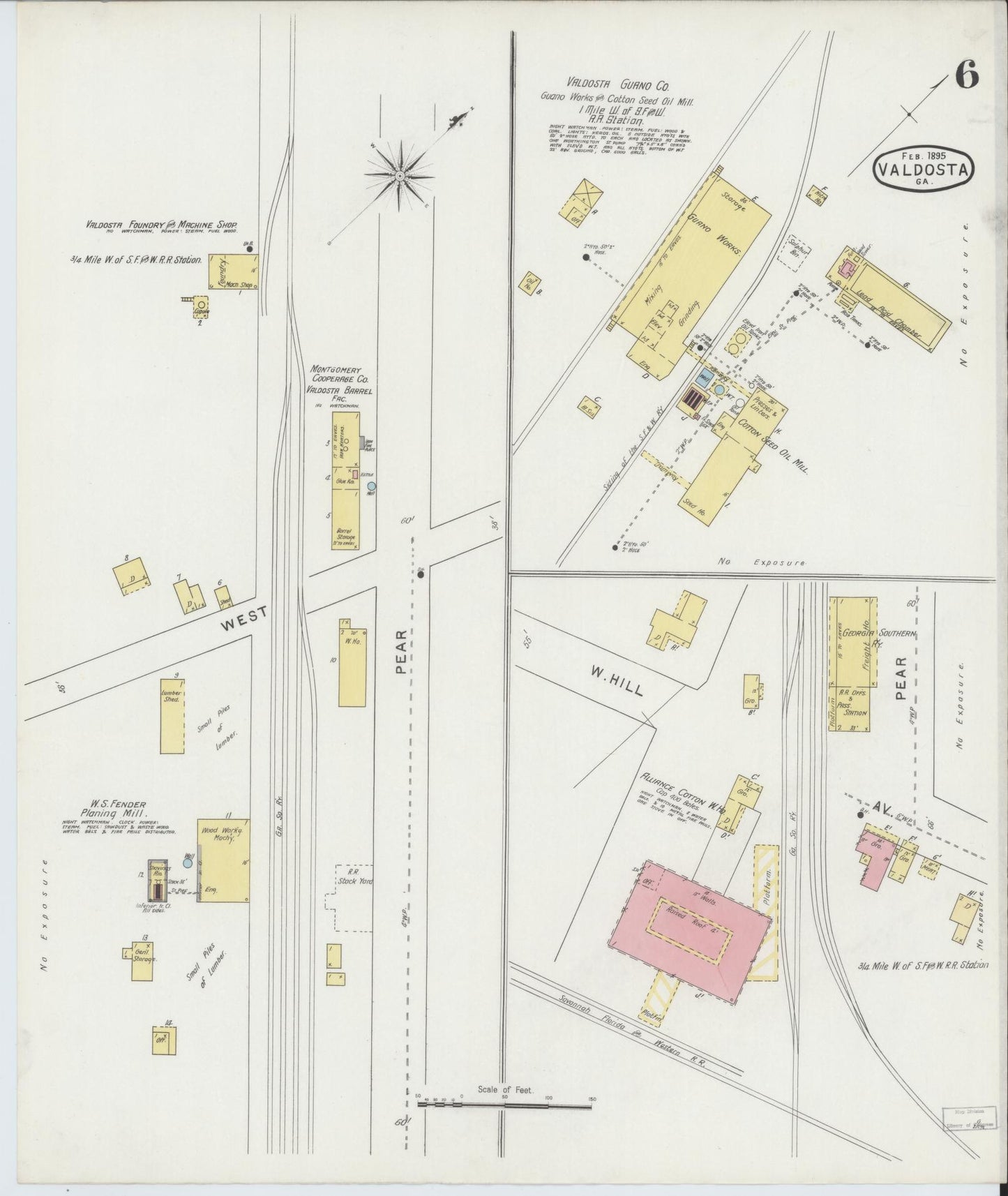 Sanborn Fire Insurance Map from Valdosta, Lowndes County, Georgia (1895), Sheet #0006 - Historic Sanborn Fire Insurance Map Print, vintage old map wall art, antique decor, genealogy gift, Georgia Georgia map
