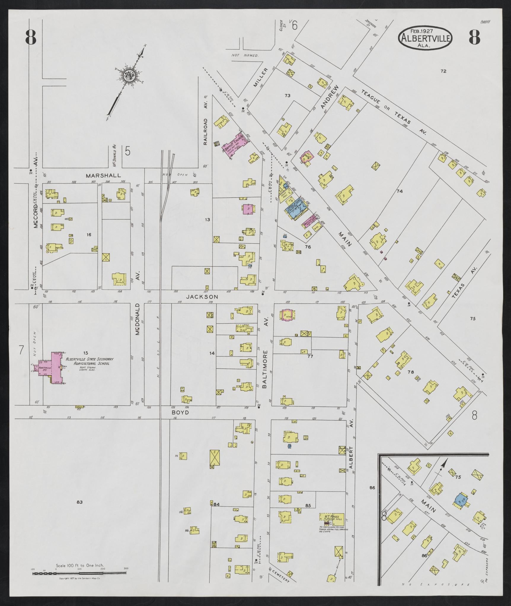 Sanborn Fire Insurance Map from Albertville, Marshall County, Alabama (1927), Sheet #0008 - Historic Sanborn Fire Insurance Map Print, vintage old map wall art, antique decor, genealogy gift, Alabama Alabama map
