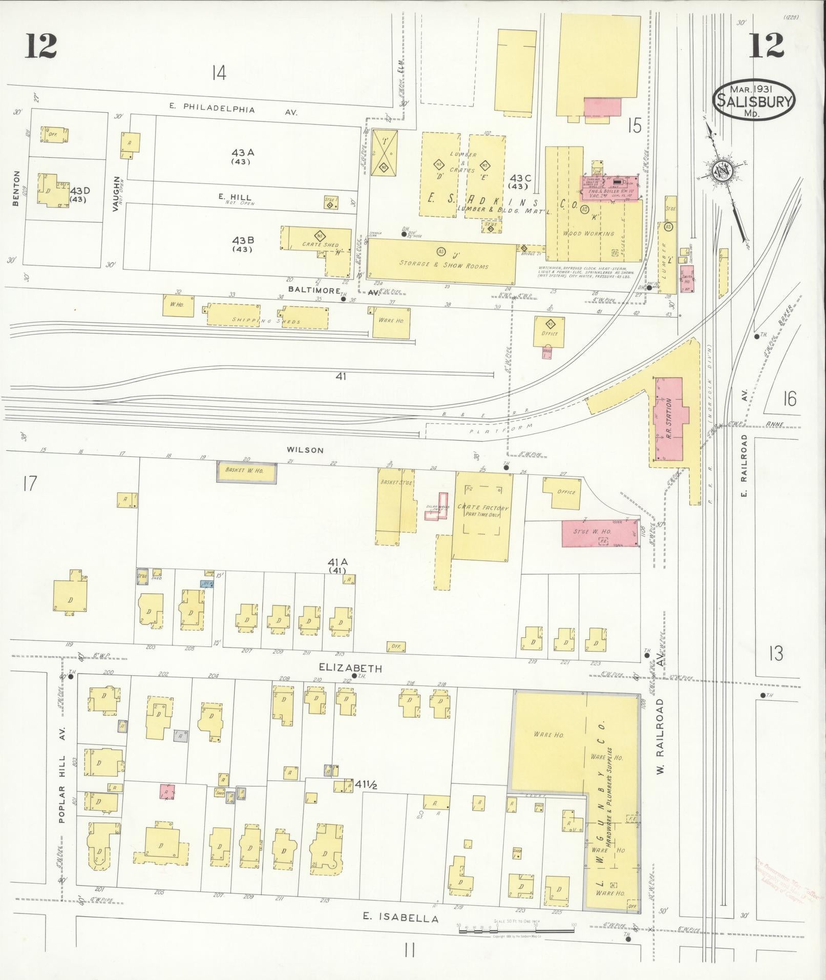 Sanborn Fire Insurance Map from Salisbury, Wicomico County, Maryland (1931), Sheet #0012 - Complete Map Set gallery image, historic Sanborn map, vintage wall art, Maryland Maryland