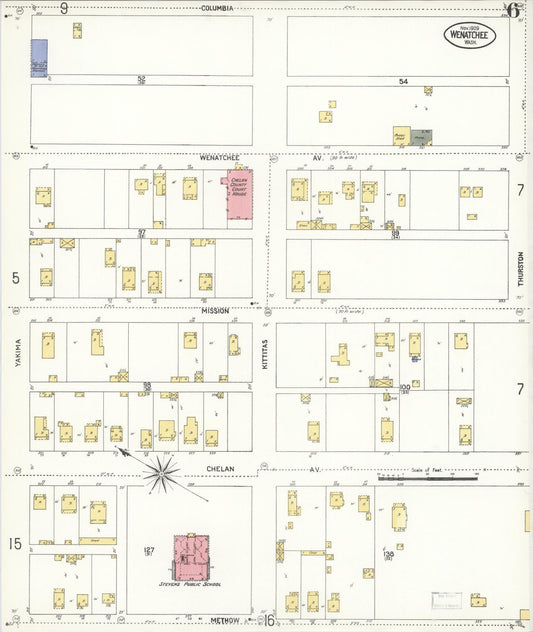 Sanborn Fire Insurance Map from Wenatchee, Chelan County, Washington (1909), Sheet #0006 - Historic Sanborn Fire Insurance Map Print, vintage old map wall art, antique decor, genealogy gift, Washington Washington map