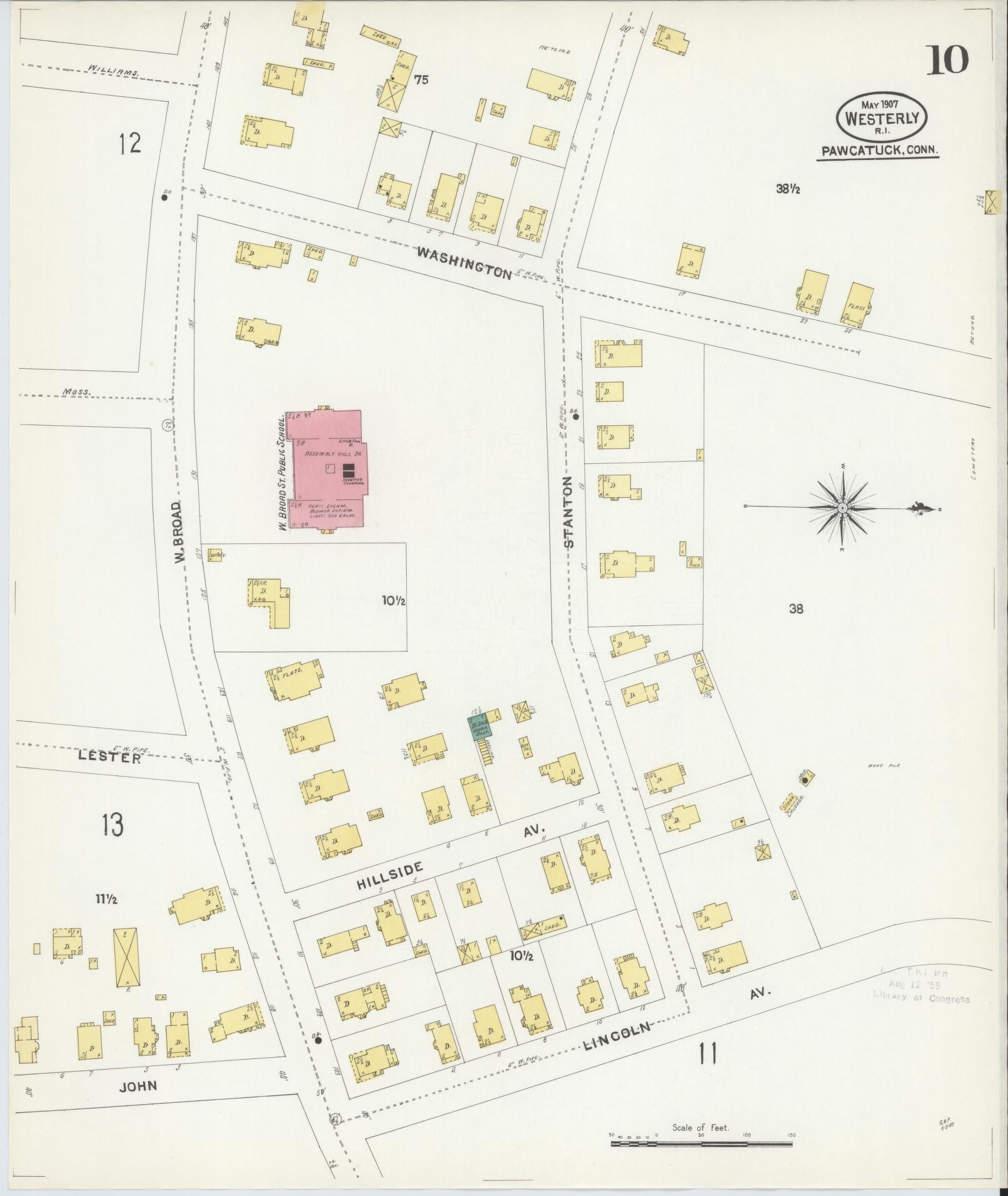 Sanborn Fire Insurance Map from Westerly, Washington County, Rhode Island (1907), Sheet #0010 - Historic Sanborn Fire Insurance Map Print, vintage old map wall art, antique decor, genealogy gift, Rhode Island Rhode Island map
