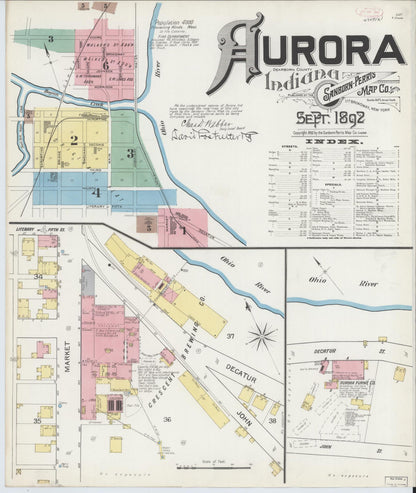 Sanborn Fire Insurance Map from Aurora, Dearborn County, Indiana (1892), Sheet #0001 - Historic Sanborn Fire Insurance Map Print, vintage old map wall art, antique decor, genealogy gift, Indiana Indiana map