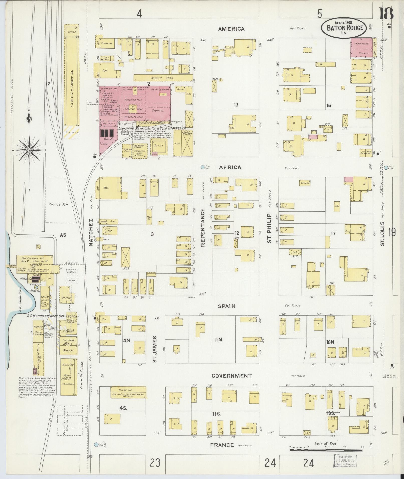 Sanborn Fire Insurance Map from Baton Rouge, East Baton Rouge Parish, Louisiana (1908), Sheet #0018 - Historic Sanborn Fire Insurance Map Print, vintage old map wall art, antique decor, genealogy gift, Louisiana Louisiana map
