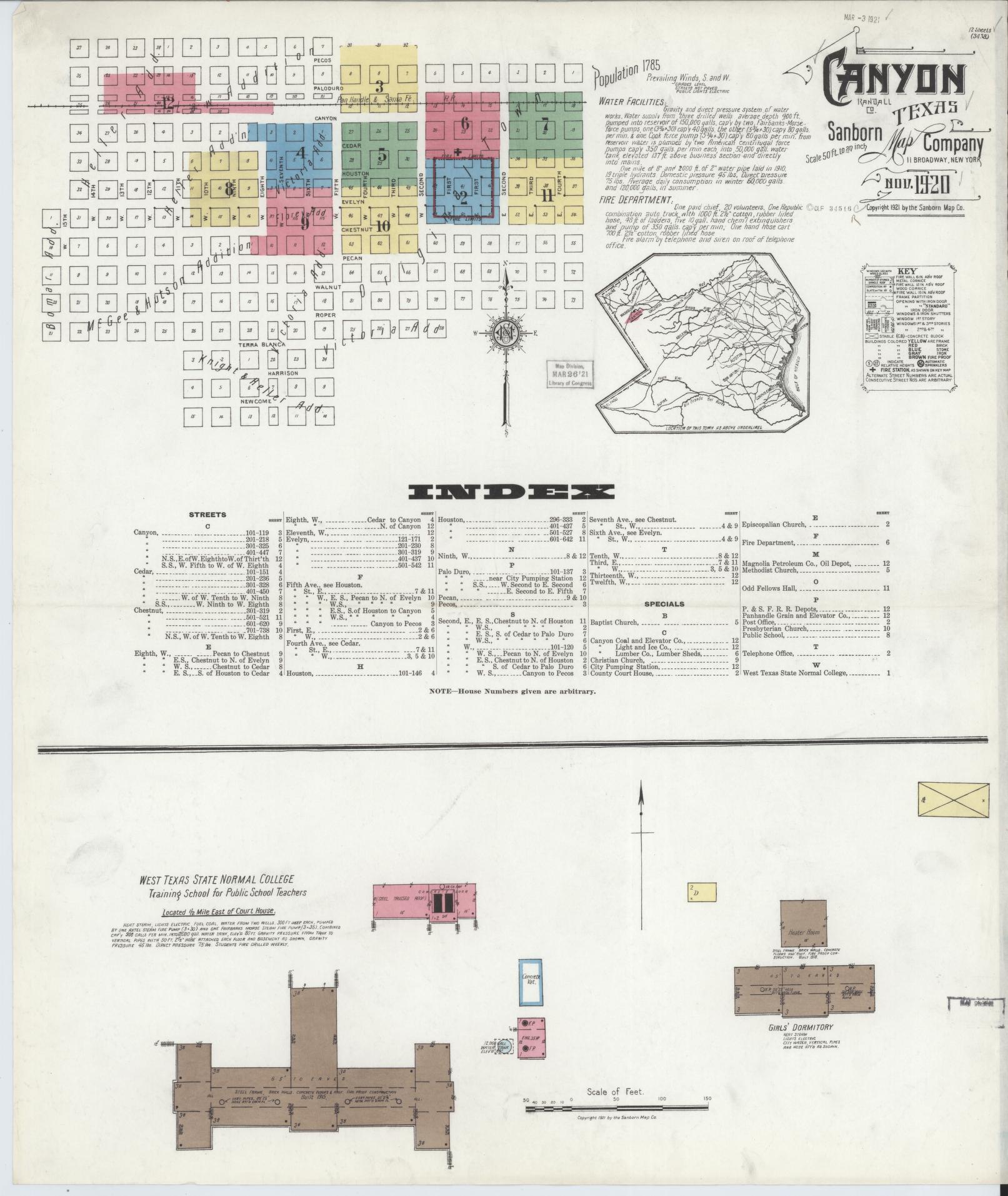 Sanborn Fire Insurance Map from Canyon, Randall County, Texas (1920), Sheet #0001 - Historic Sanborn Fire Insurance Map Print, vintage old map wall art, antique decor, genealogy gift, Texas Texas map
