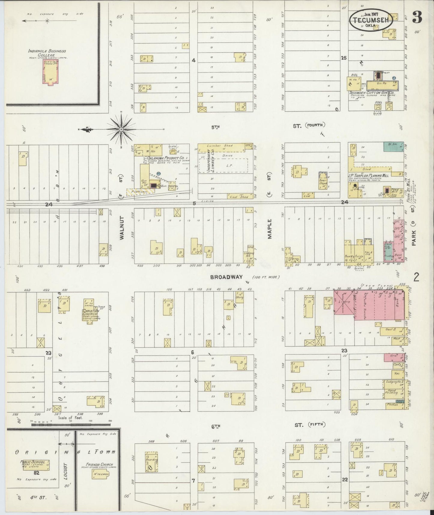 Sanborn Fire Insurance Map from Tecumseh, Pottawatomie County, Oklahoma (1907), Sheet #0003 - Complete Map Set gallery image, historic Sanborn map, vintage wall art, Oklahoma Oklahoma
