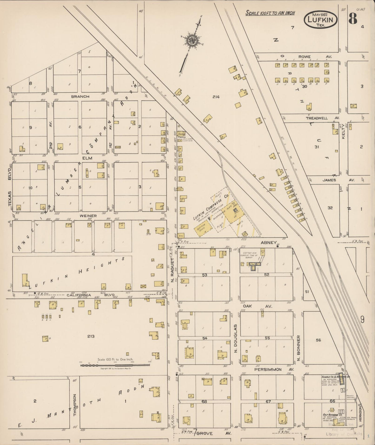 Sanborn Fire Insurance Map from Lufkin, Angelina County, Texas (1922), Sheet #0008 - Complete Map Set gallery image, historic Sanborn map, vintage wall art, Texas Texas