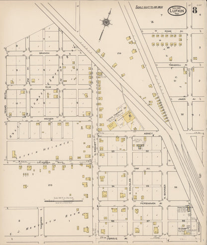 Sanborn Fire Insurance Map from Lufkin, Angelina County, Texas (1922), Sheet #0008 - Complete Map Set gallery image, historic Sanborn map, vintage wall art, Texas Texas